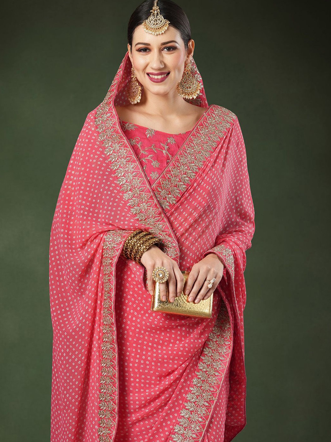 

Sangria Bandhani Printed Zari Embroidered Saree, Pink