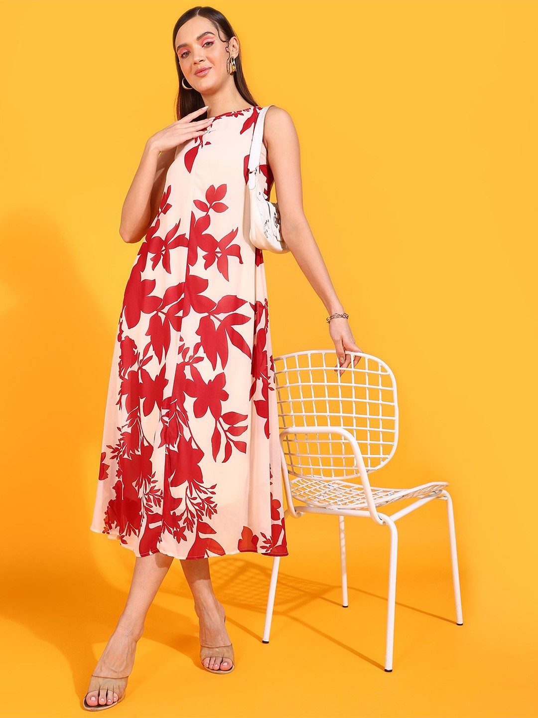 

all about you Women Floral Printed A-Line Midi Dress, Cream