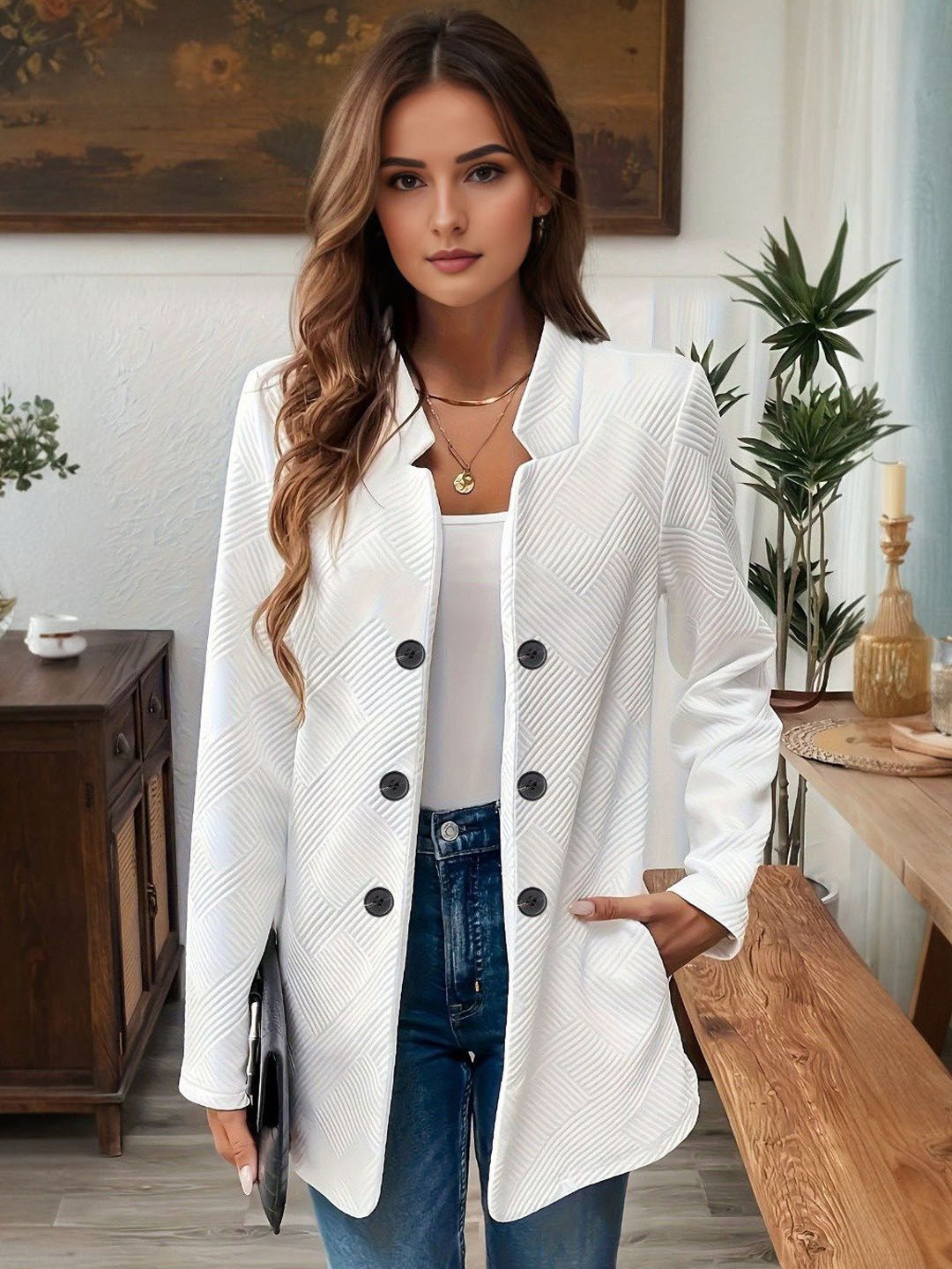 

StyleCast Women Collarless Self Design Cotton Casual Tailored Jacket, White