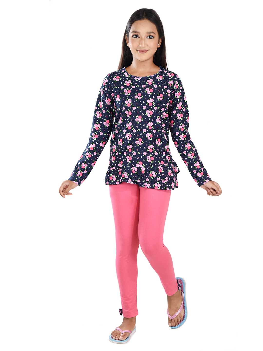 

Clothe Funn Girls Floral Printed Round Neck Top With Leggings, Navy blue