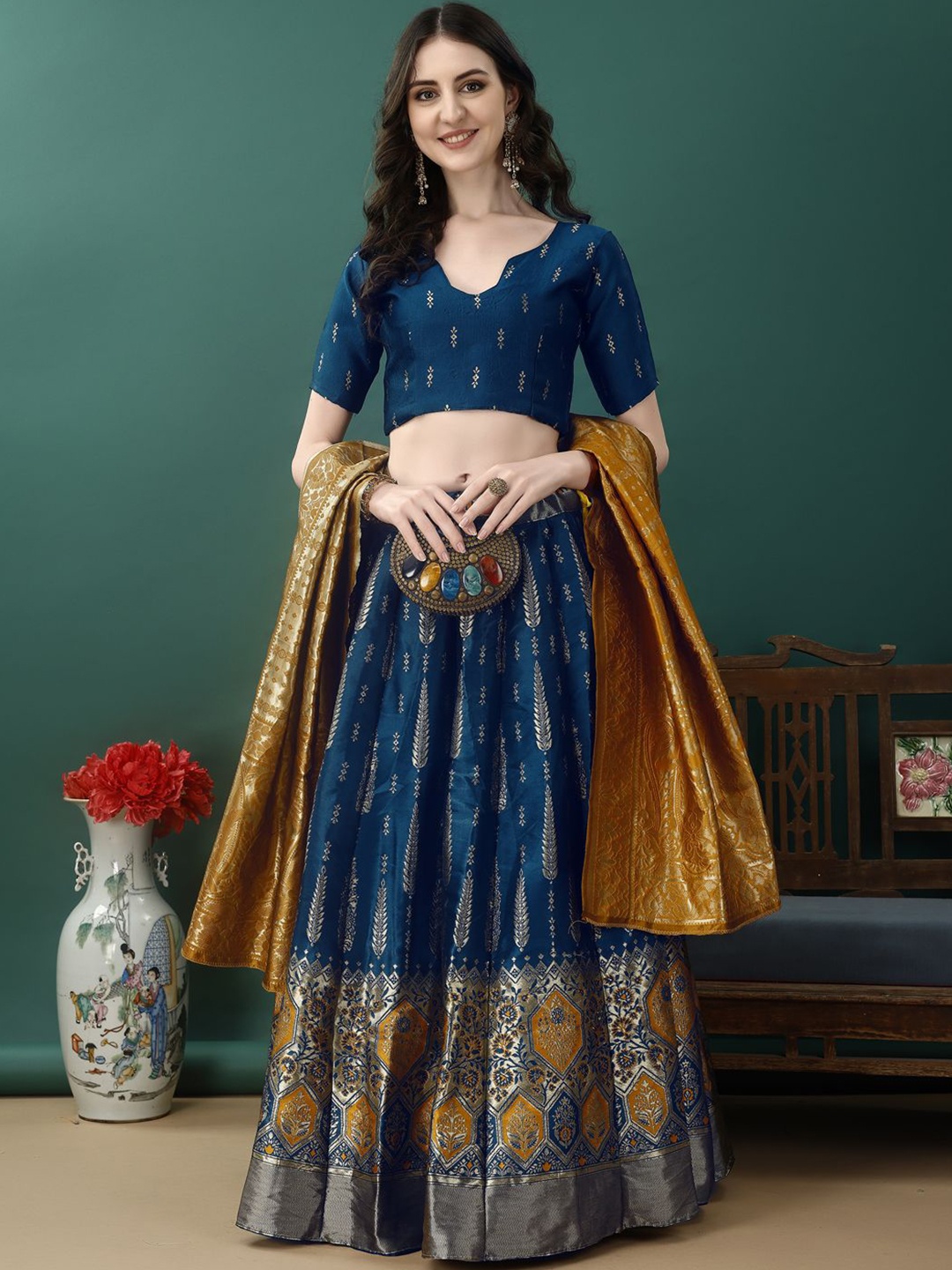 

SWAMI STUDIO Floral Printed Lehenga With Blouse & Dupatta, Blue
