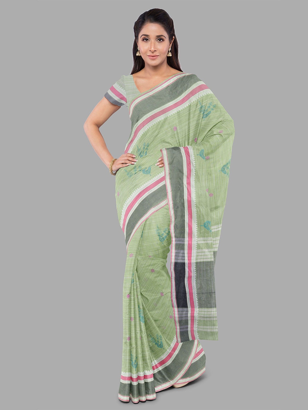 

The Chennai Silks Floral Printed Pure Cotton Muga Saree, Green