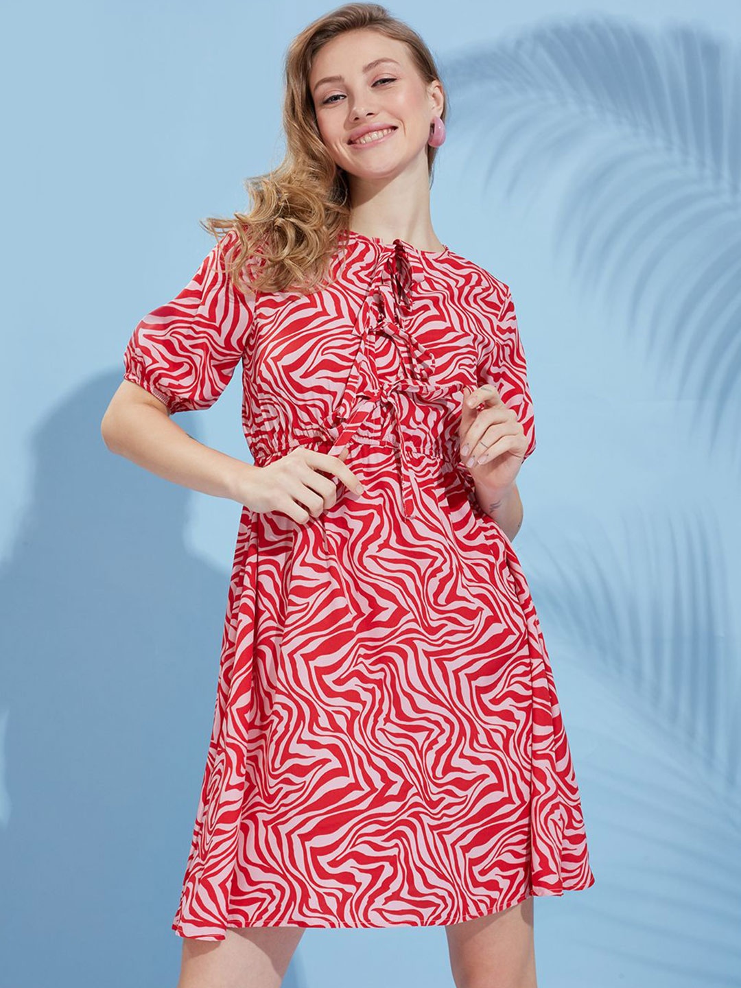 

HERE&NOW Women Puff Sleeves Printed Fit & Flare Dress, Red