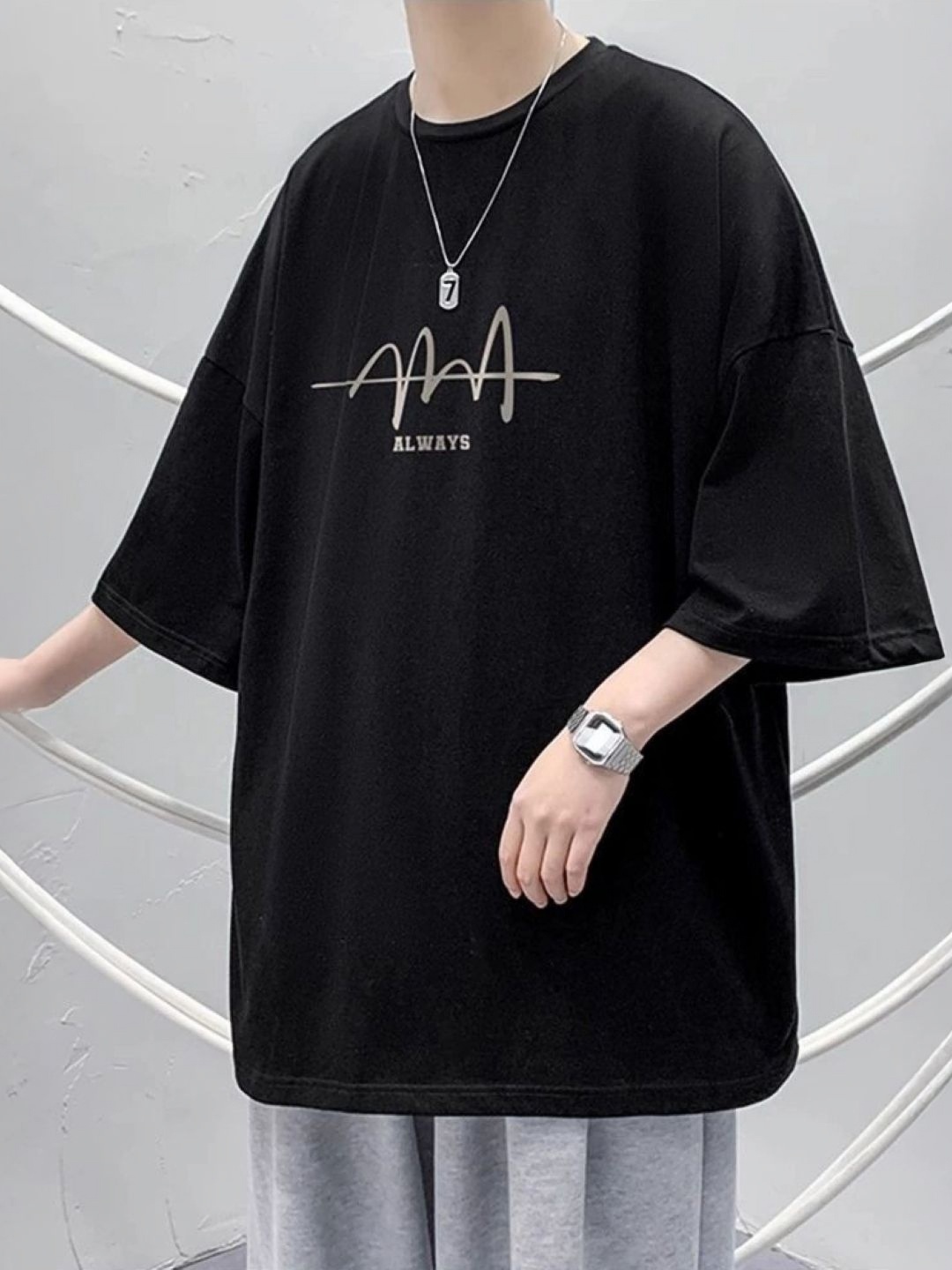 

HERE&NOW Men Typography Printed Round Neck Oversized T-shirt, Black