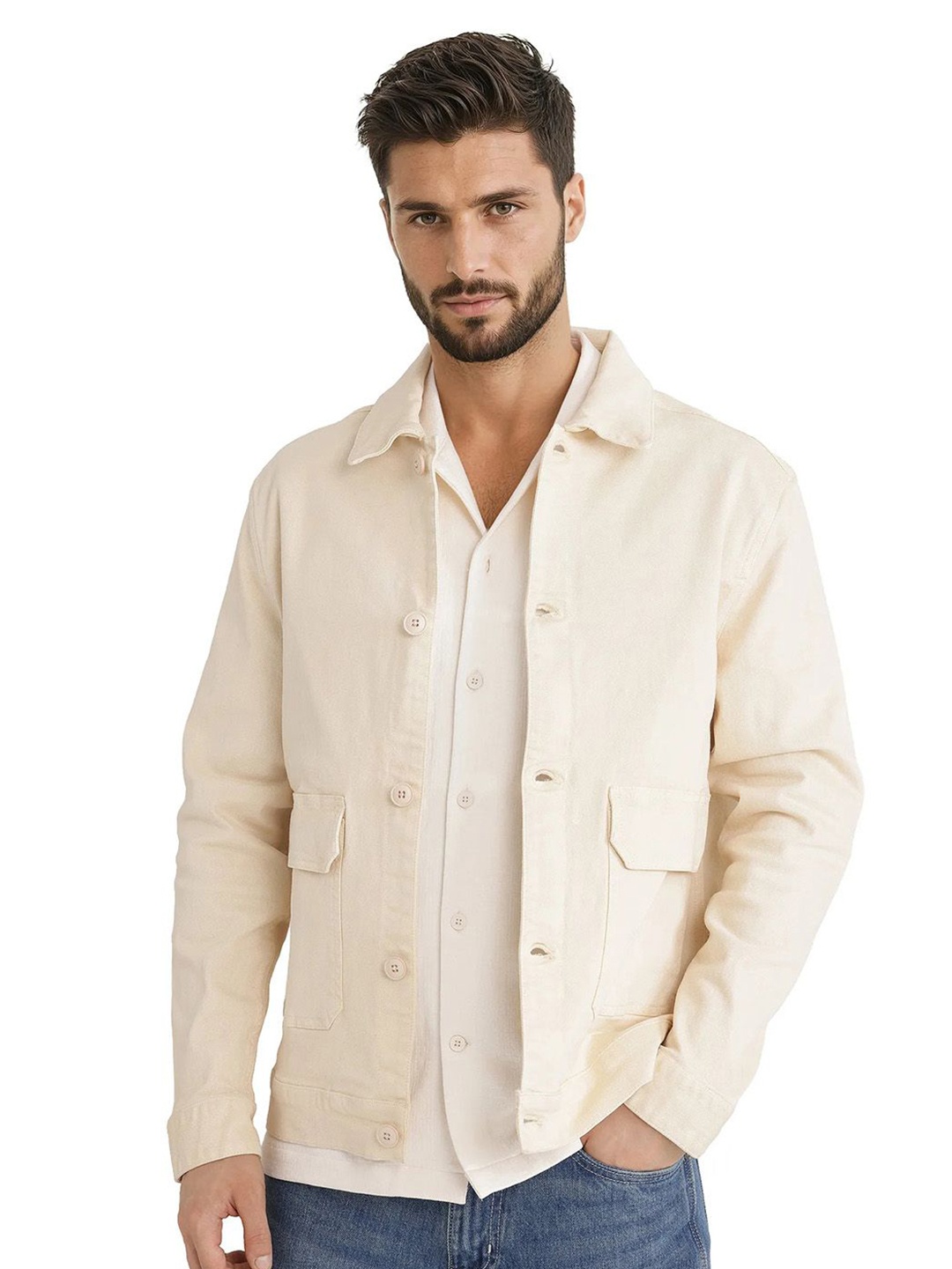 

RARE RABBIT Men Spread Collar Solid Cotton Casual Tailored Jacket, Off white