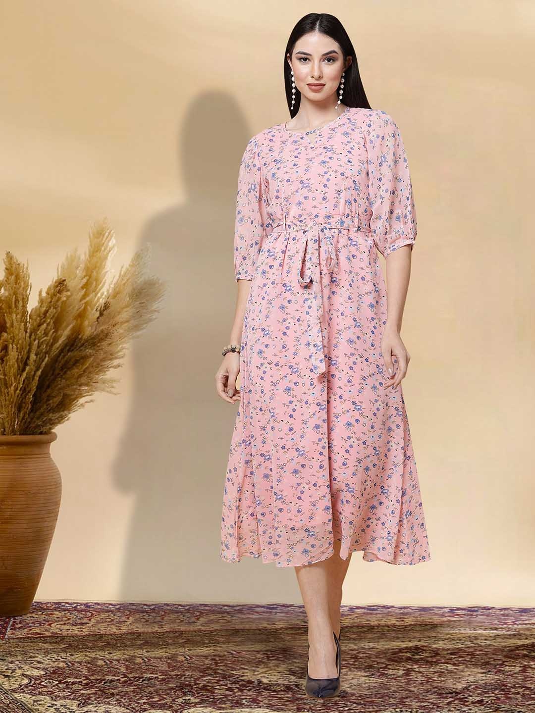 

BAESD Floral Print Applique Fit & Flare Dress, Pink