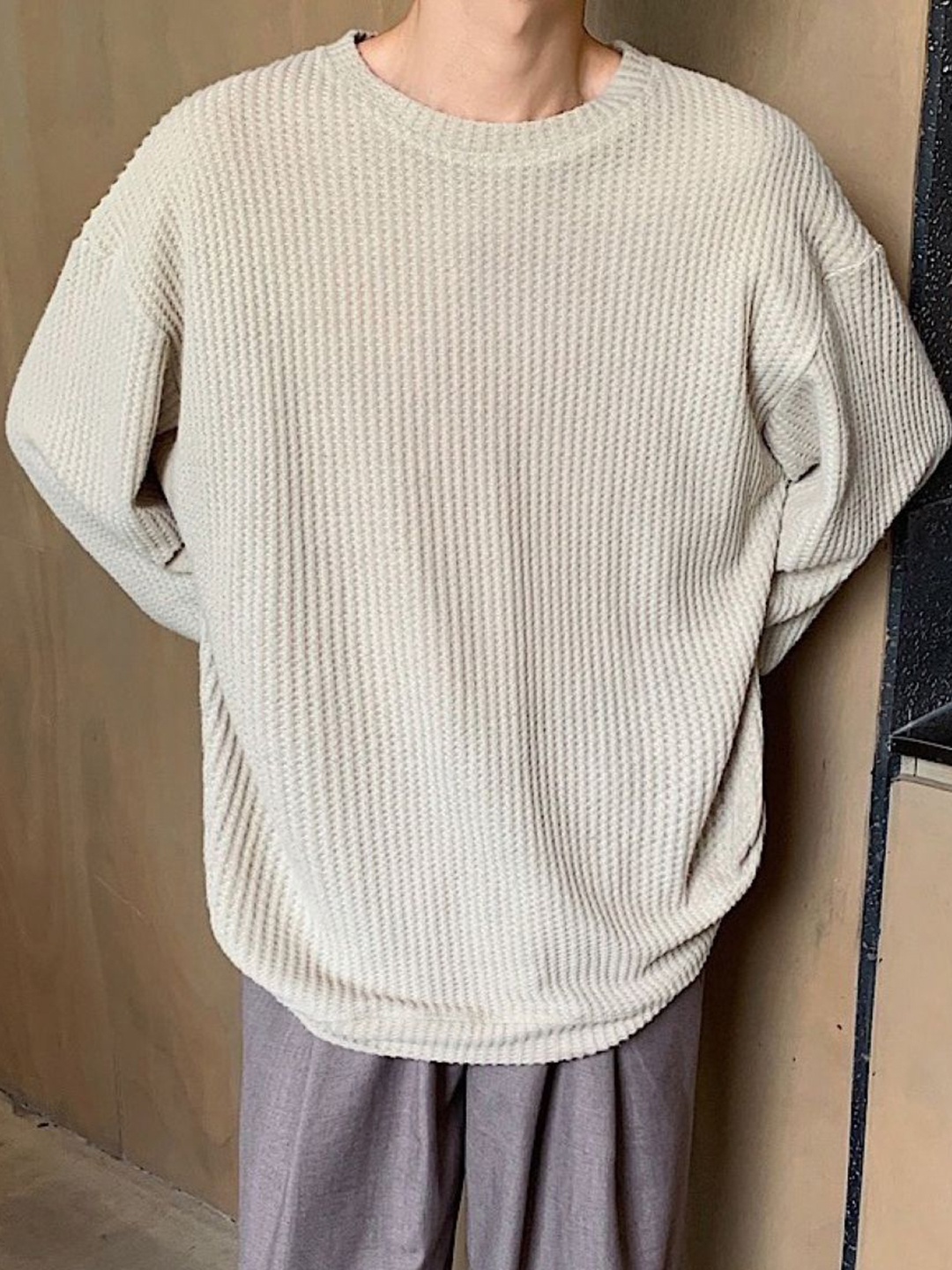 

HERE&NOW Men Self Design Round Neck Oversized T-shirt, Beige