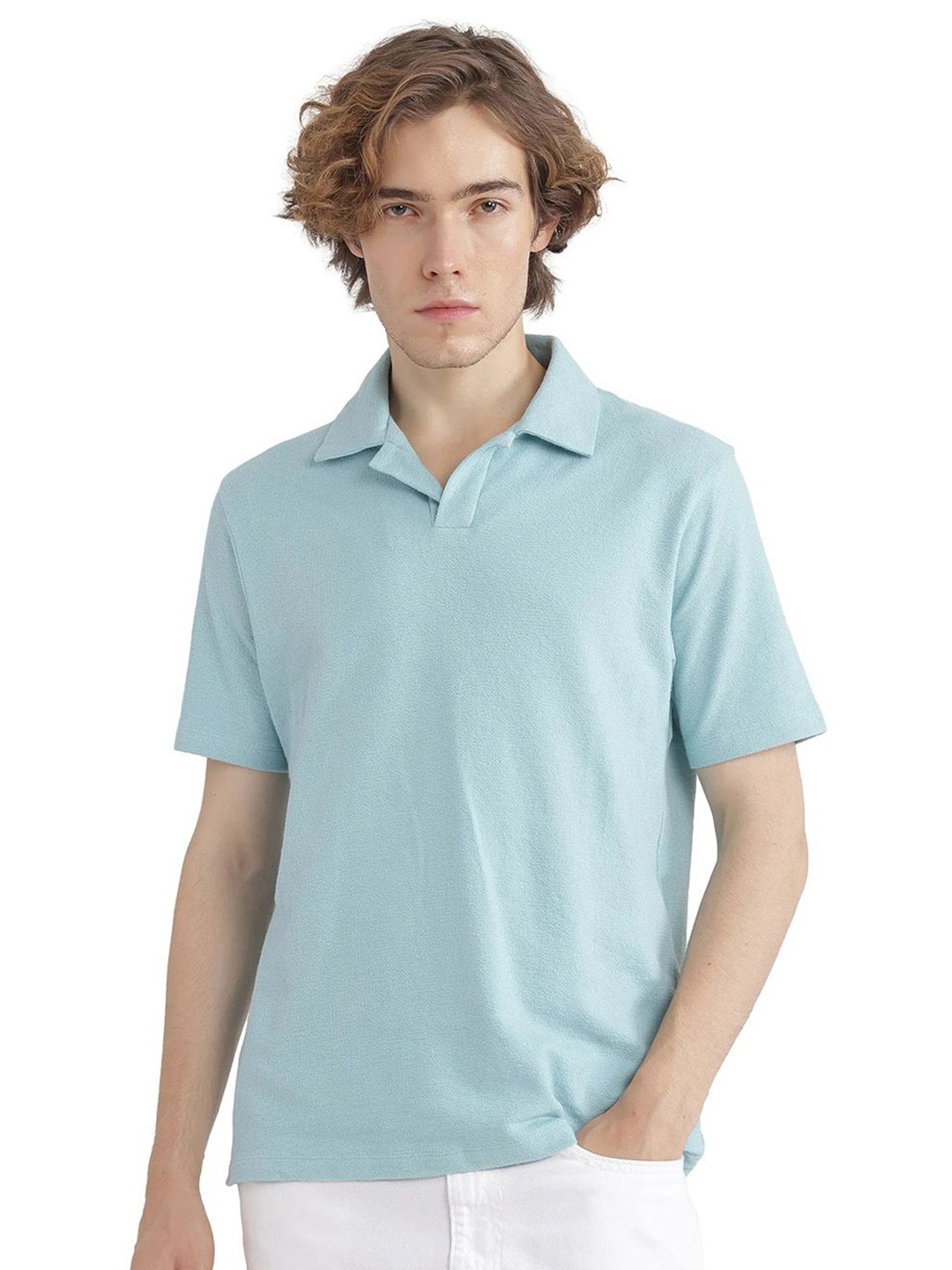

RARE RABBIT Men Solid Polo Collar Cotton T-shirt, Turquoise blue
