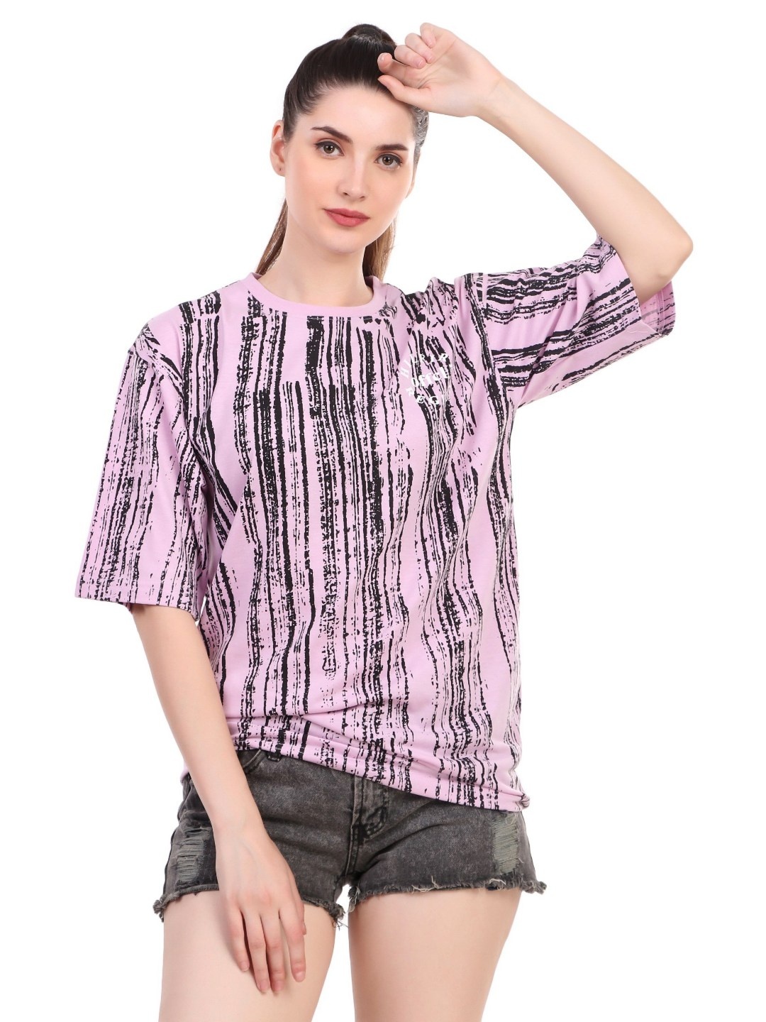 

HILFIRE REGION Women Striped Round Neck Cotton Oversized T-shirt, Lavender