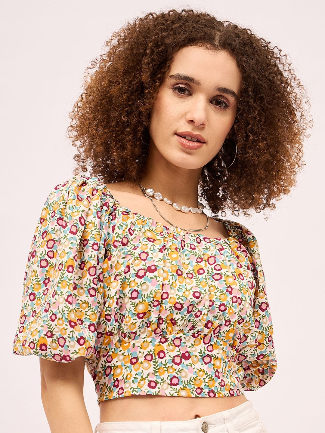 

Mayra Women Floral Printed Pleated Cotton Crop Top, Yellow