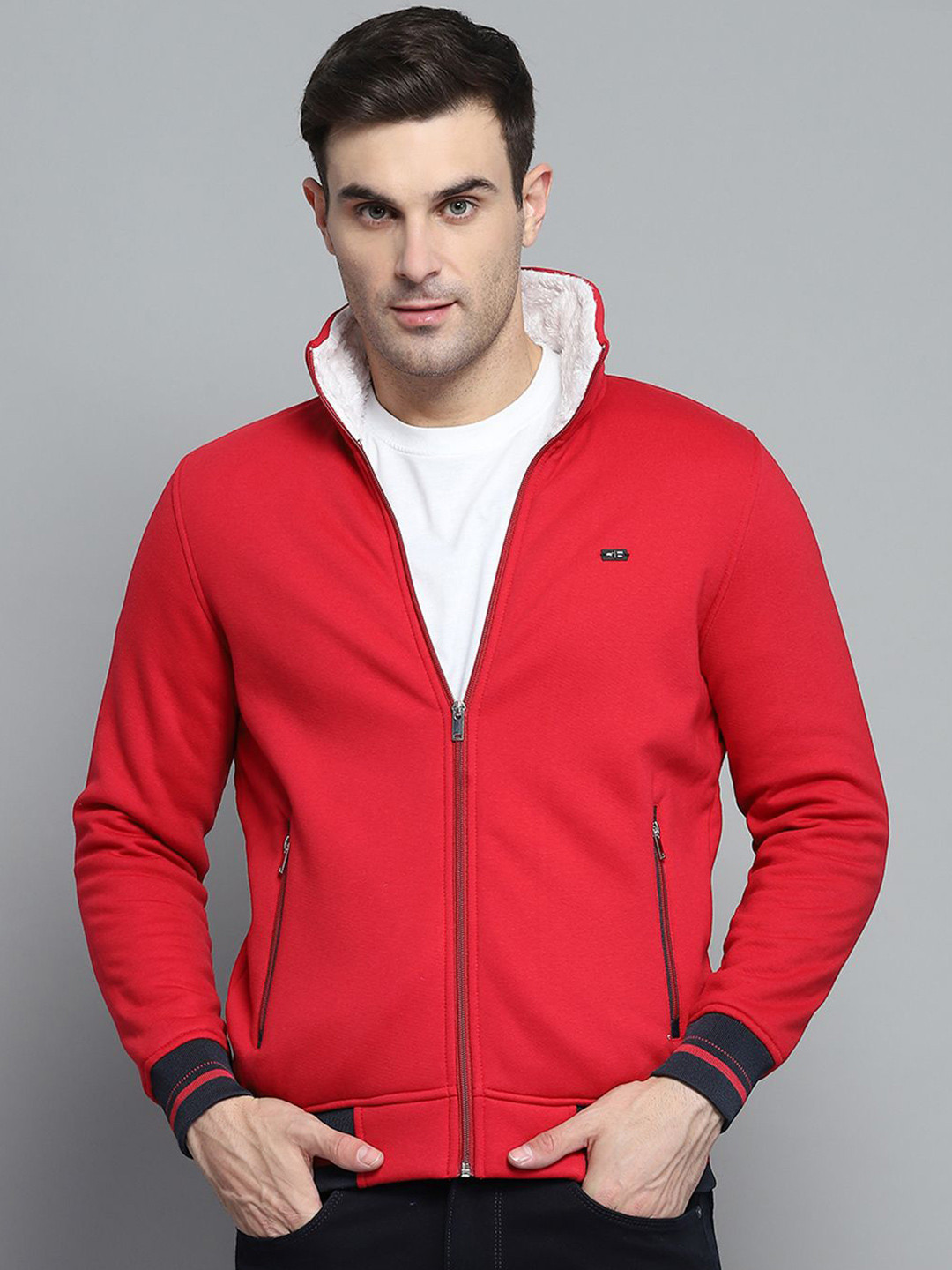 

Monte Carlo Men Mock Collar Front-Open Sweatshirt, Red