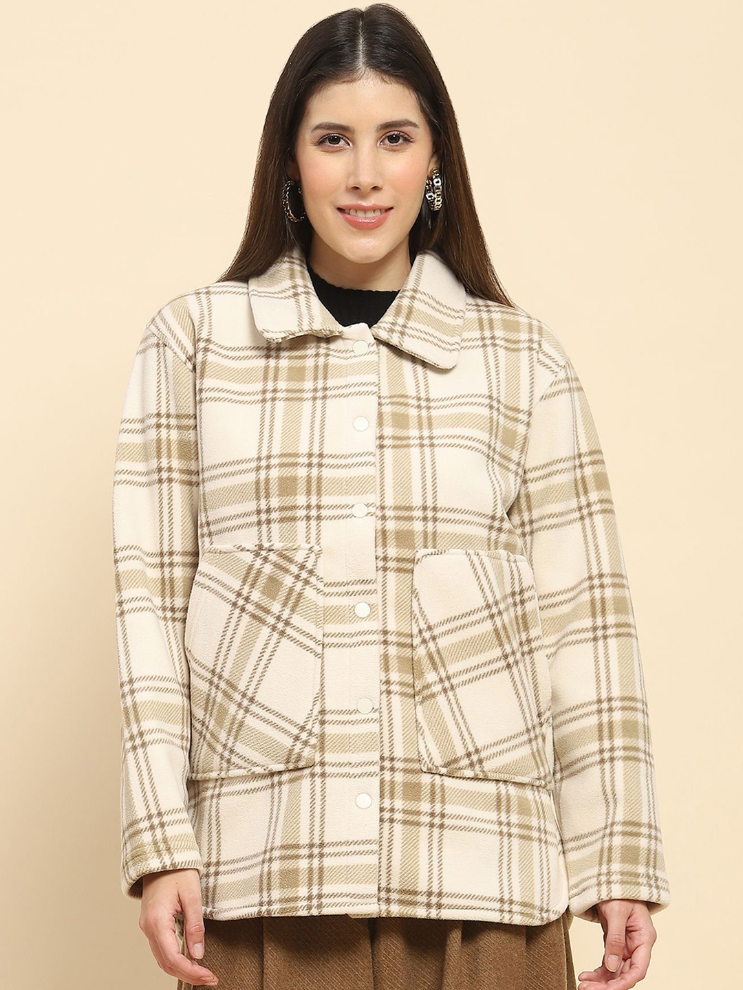 

Global Republic Women Spread Collar Checked Casual Tailored Jacket, Off white