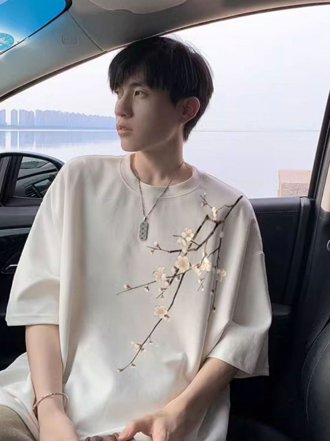 

HERE&NOW Men Floral Printed Round Neck Cotton Oversized T-shirt, White