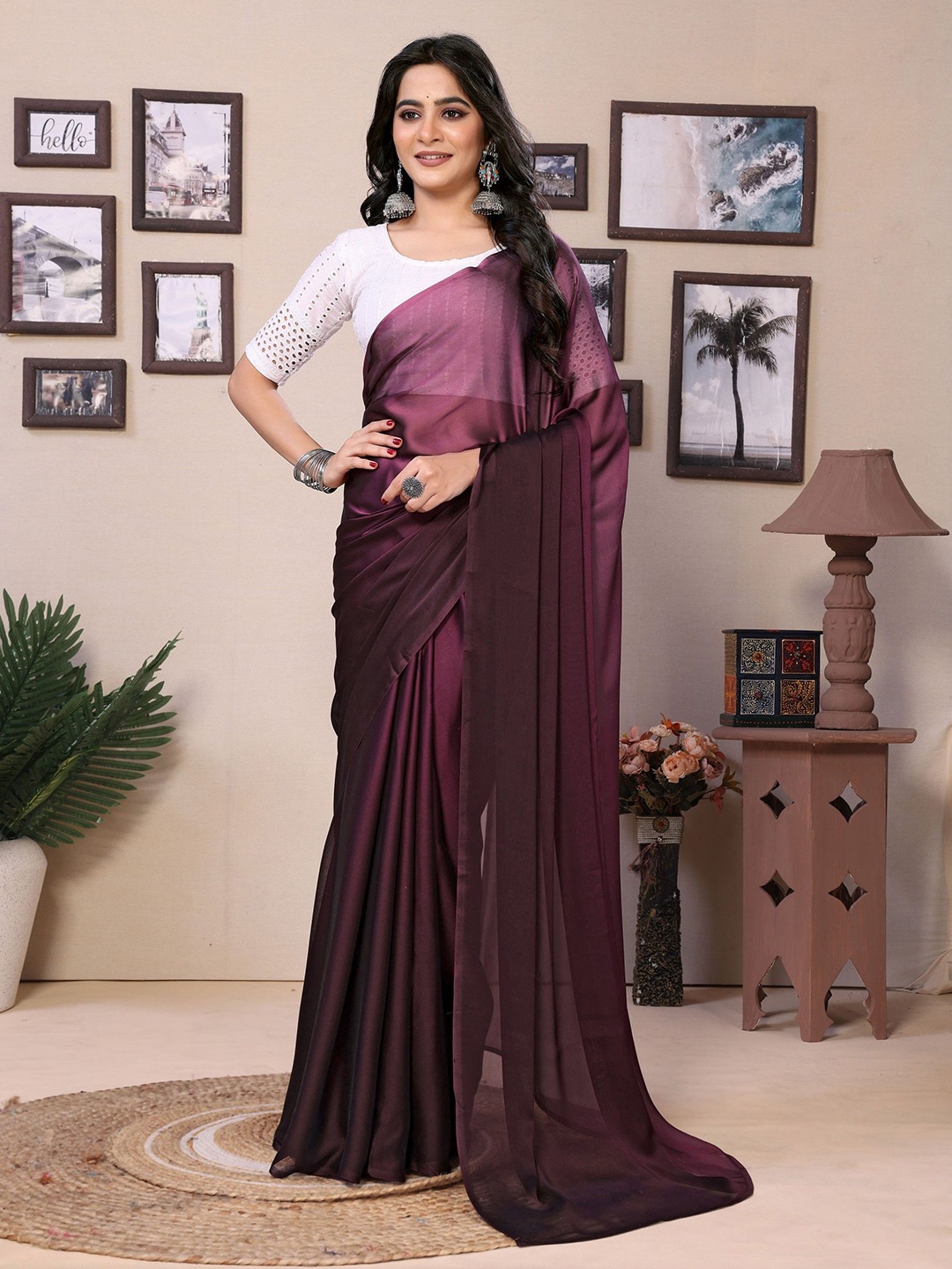 

LeeliPeeri Designer Ombre Satin Ready to Wear Saree, Purple