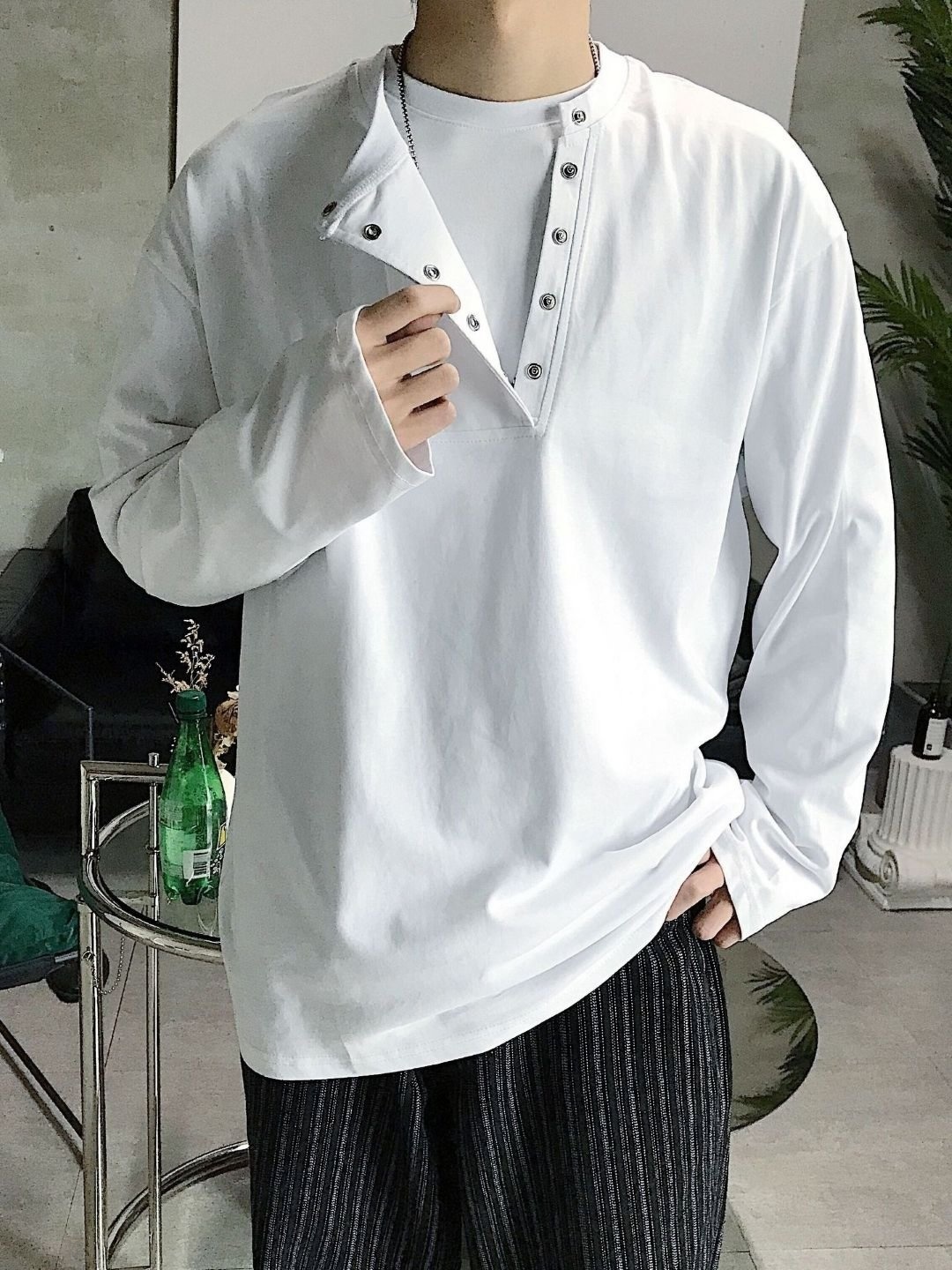 

HERE&NOW Men Solid Henley Neck Oversized T-shirt, White