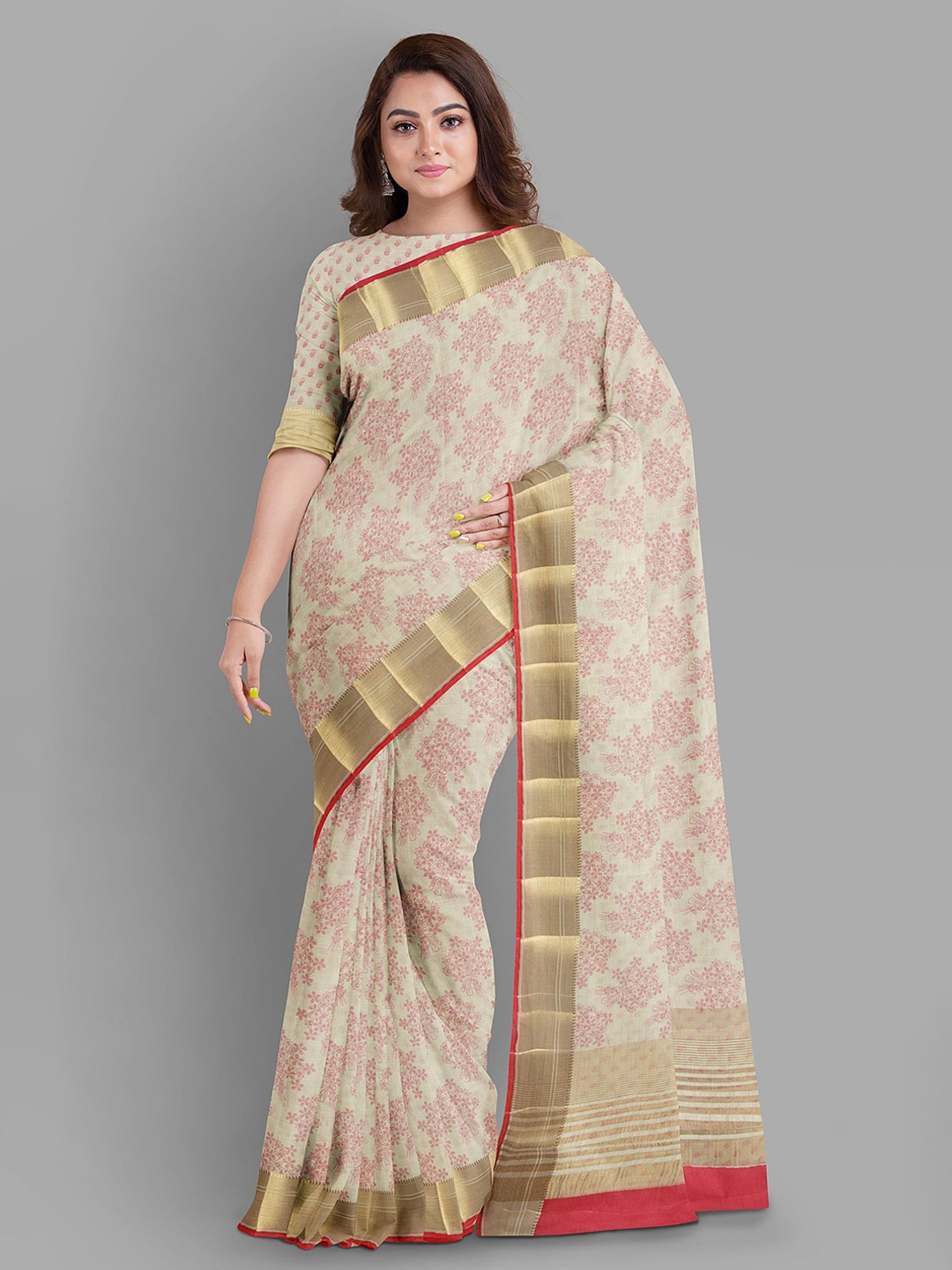 

The Chennai Silks Floral Printed Zari Kota Saree, Cream