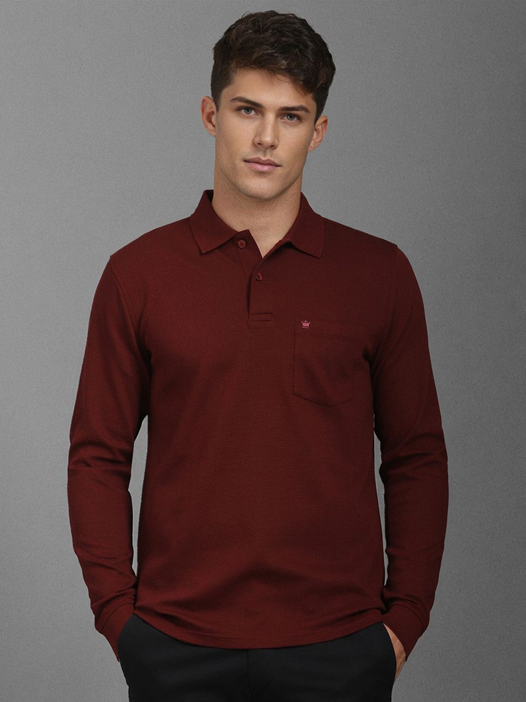

Louis Philippe Men Self Design Polo Collar Cotton T-shirt, Maroon