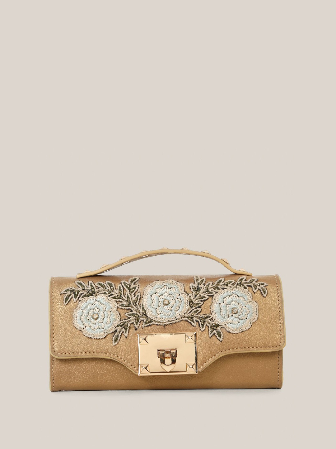 

HATS OFF ACCESSORIES Women Embellished Structured Leather Handheld Bag, Beige