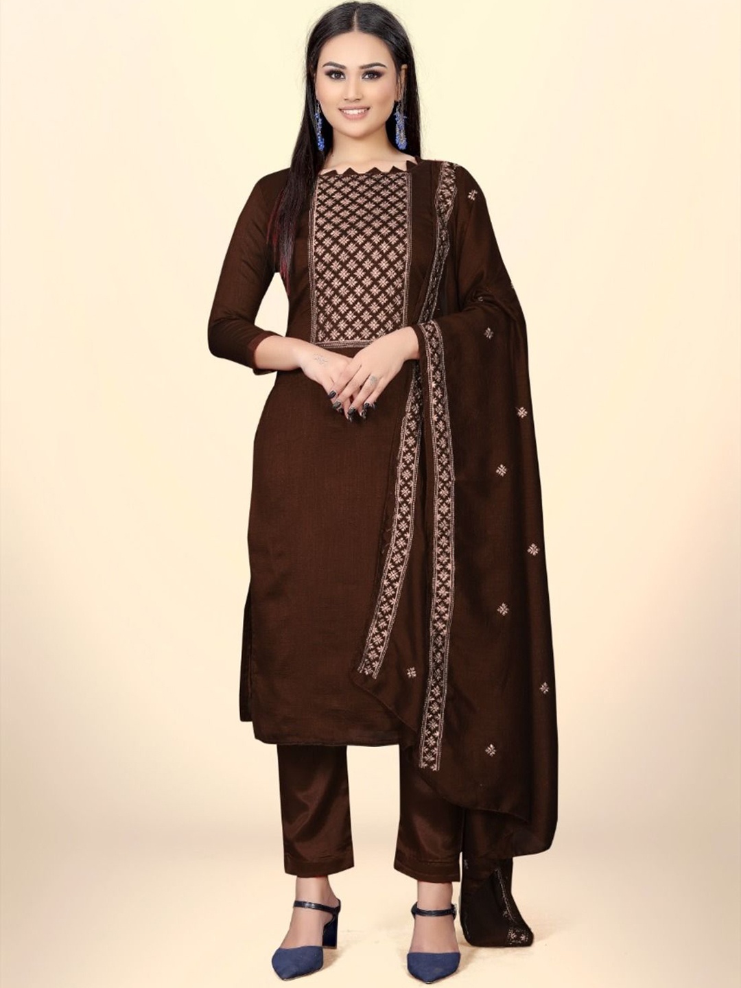 

JULEE Embroidered Pure Silk Unstitched Dress Material, Brown