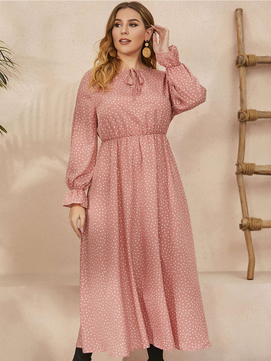 

StyleCast Curve Women Printed Tie-Up Neck A-Line Maxi Dress, Pink