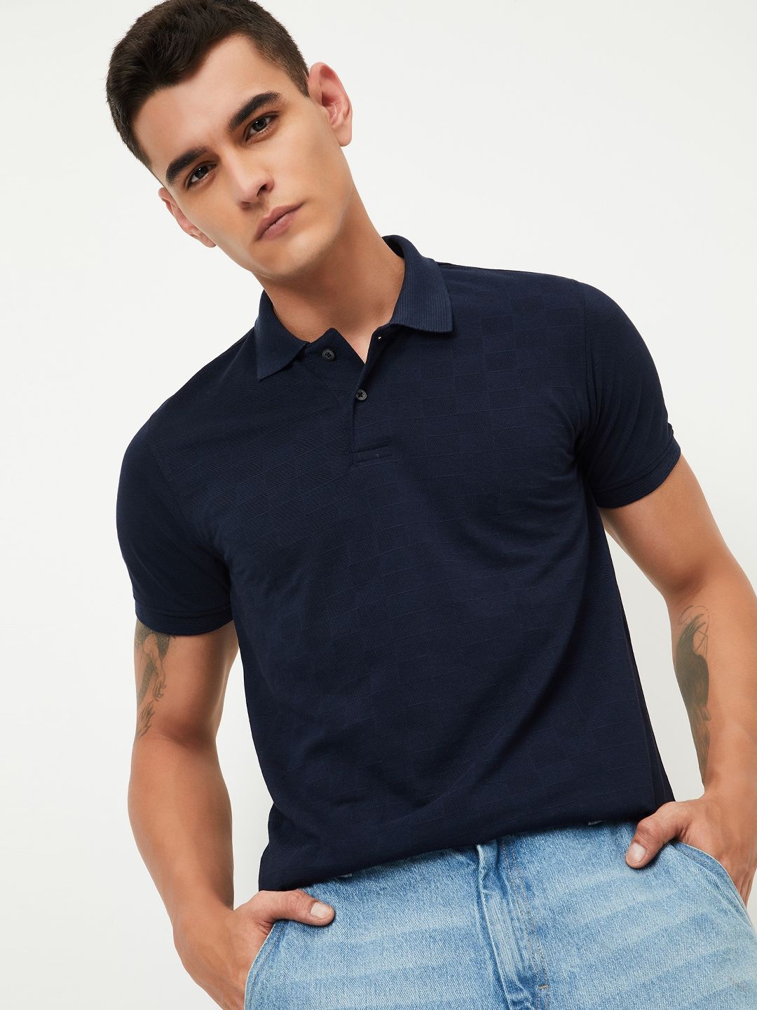 

max Men Solid Polo Collar Cotton T-shirt, Navy blue