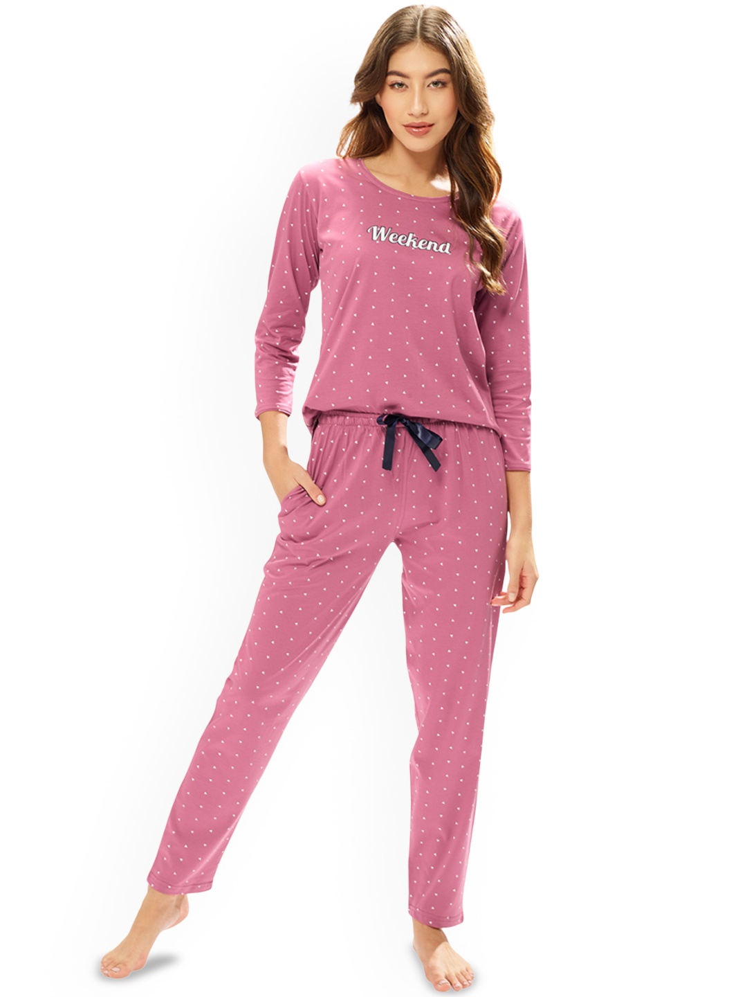 

Lotik Women Printed Round Neck Night suit, Pink