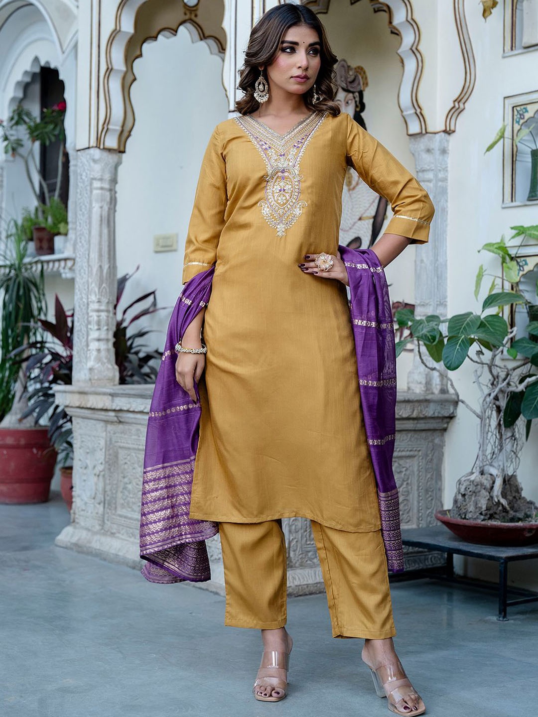 

KALINI Ethnic Motifs Yoke Design Sequinned Straight Kurta with Palazzo & Dupatta, Yellow