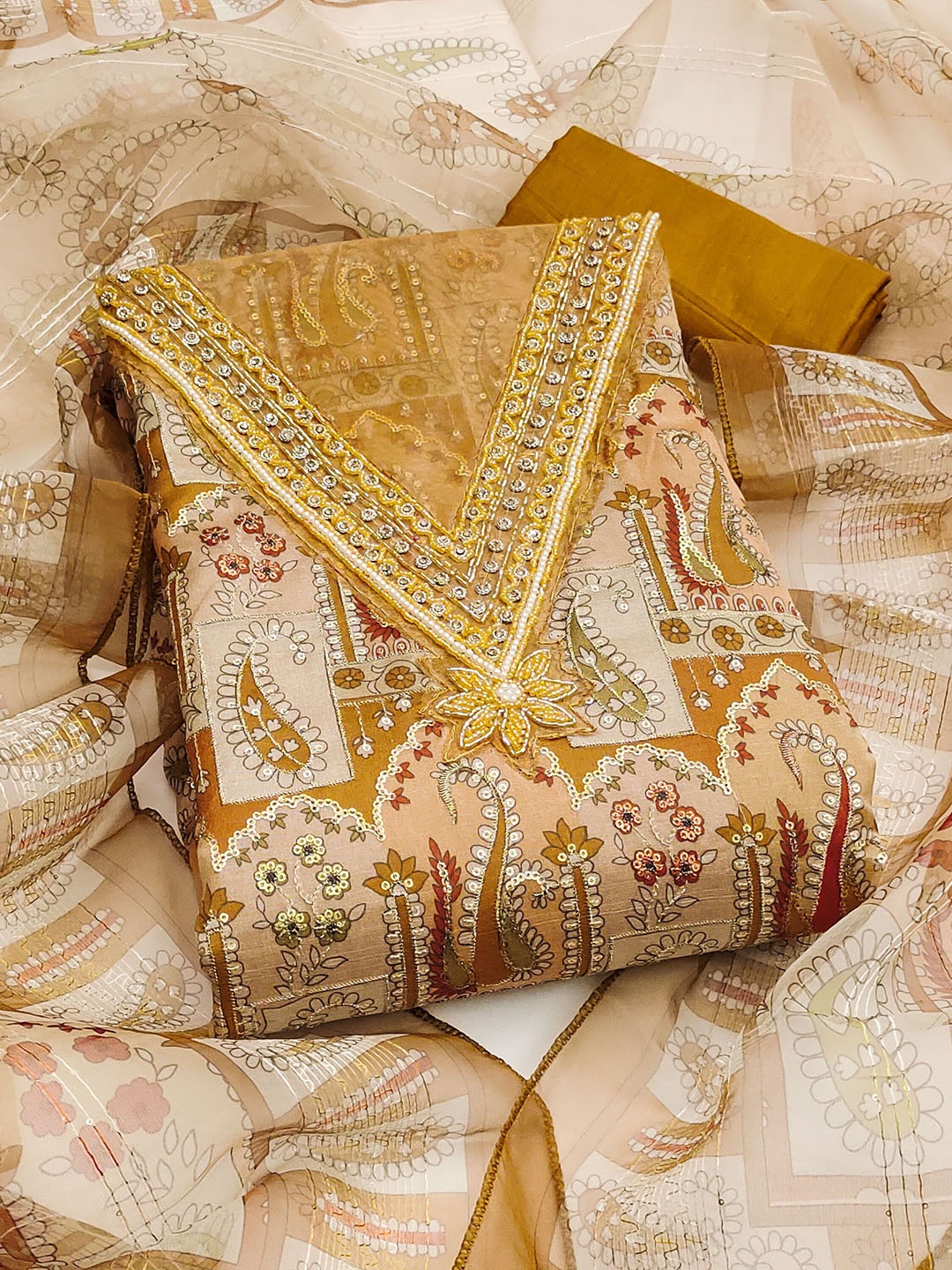 

KALINI Embroidered Organza Unstitched Dress Material, Mustard