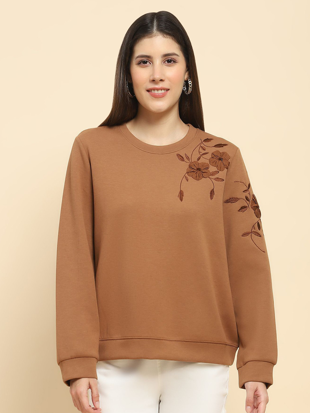 

Global Republic Women Floral Embroidered Sweatshirt, Brown