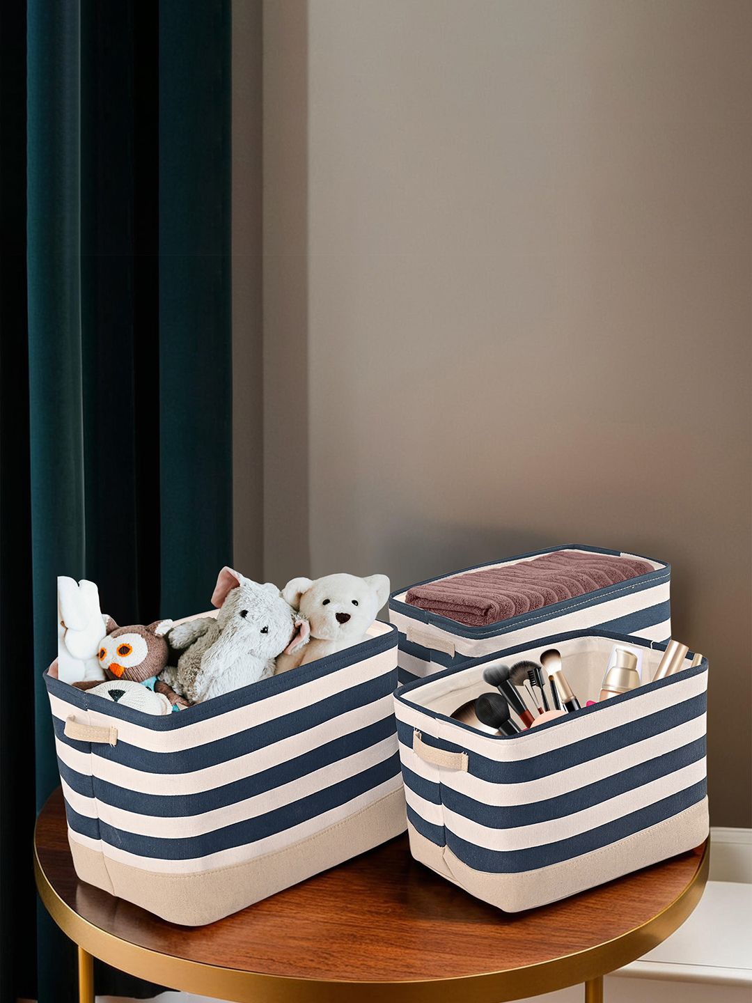 

Kuber Industries White & Navy Blue 9 Pieces Striped Tote Basket Organisers