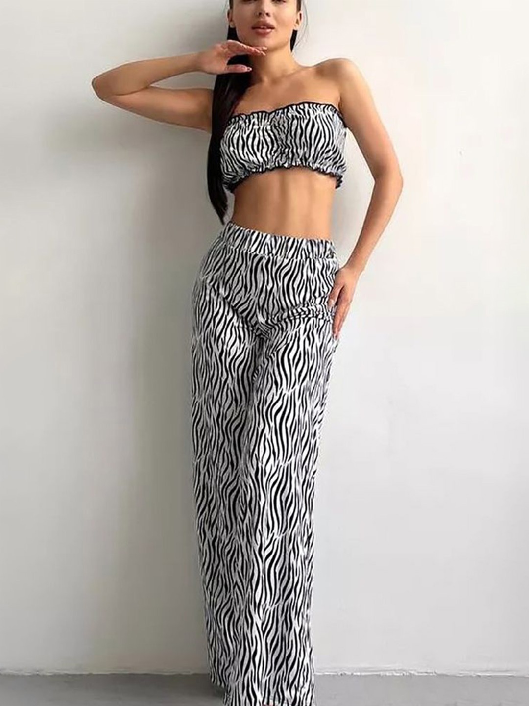 

LULU & SKY Women Animal Printed Off Shoulder Crop Top & Trouser Night Suit, White