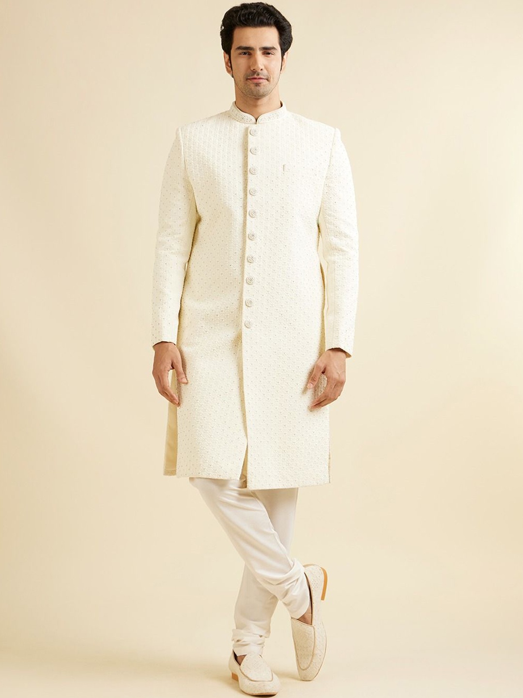 

Manyavar Men Stone Work Embroidered Sherwani Set, Cream