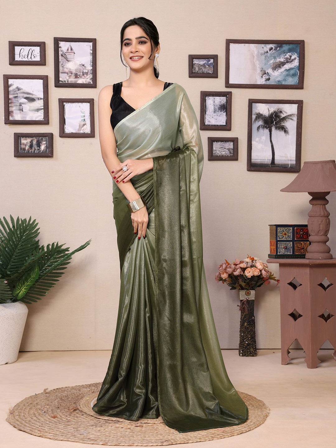 

LeeliPeeri Designer Ombre Pure Chiffon Ready to Wear Saree, Green