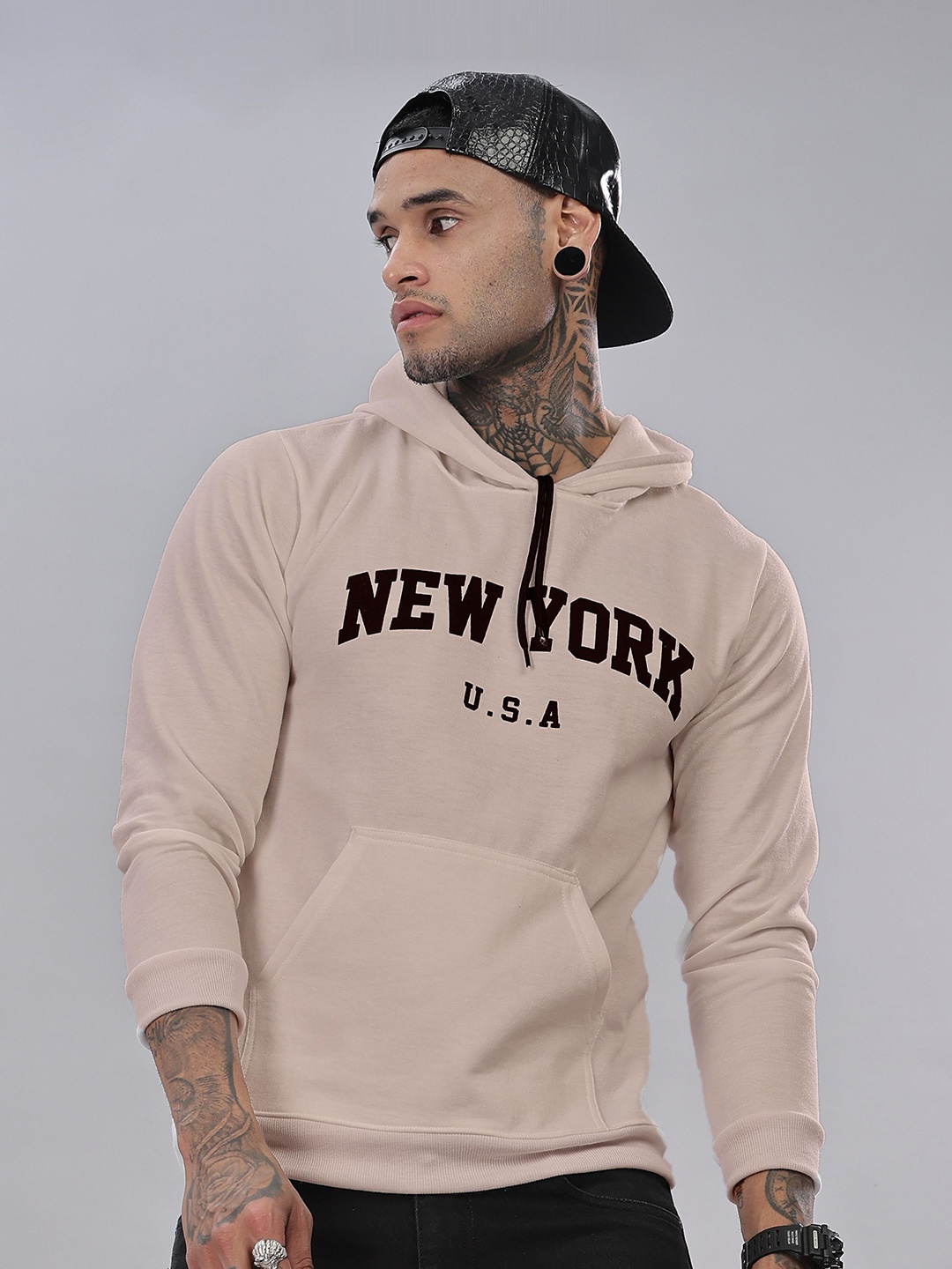 

STI Men Printed Hooded Sweatshirt, Beige