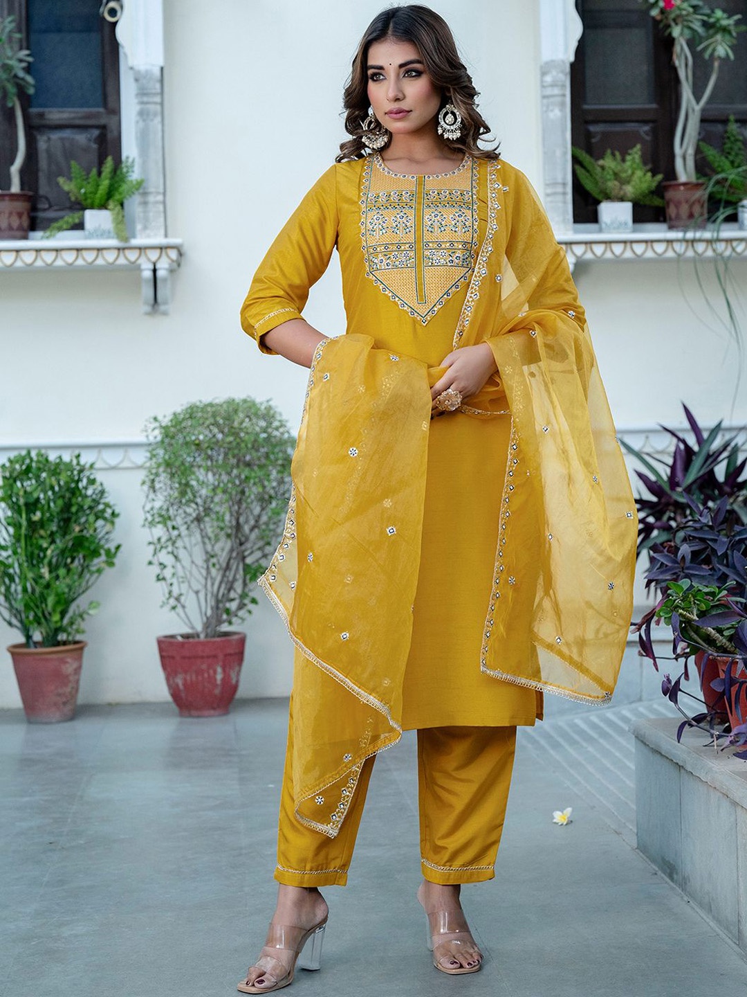 

KALINI Ethnic Motifs Embroidered Sequinned Straight Kurta With Trouser & Dupatta, Yellow