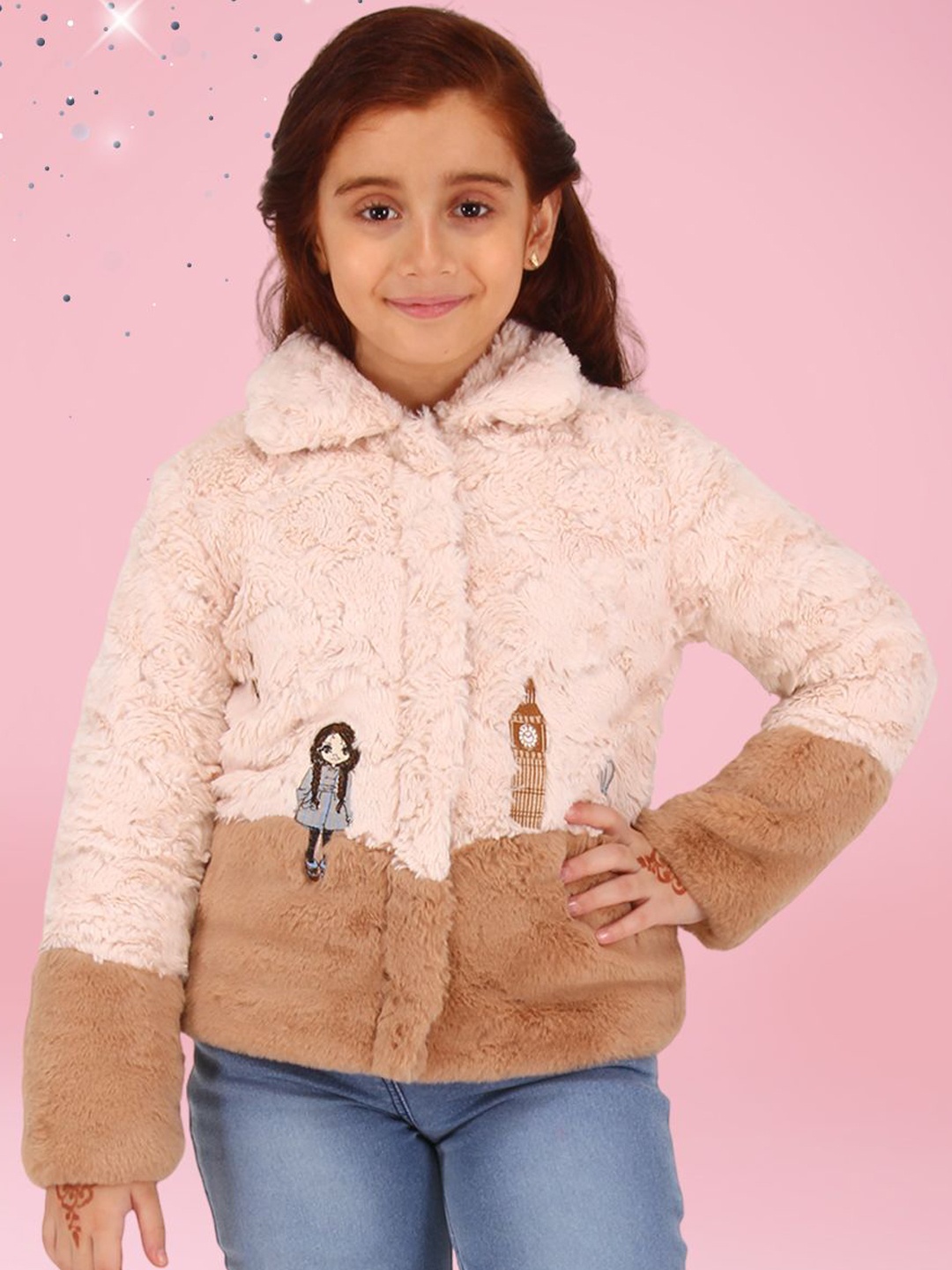 

CUTECUMBER Girls Spread Collar Colourblocked Faux Fur Casual Parka Jacket, Beige