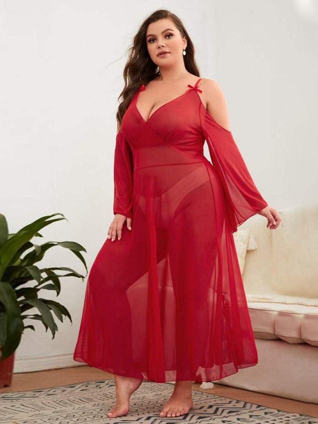 

LULU & SKY Women Plus Size Shoulder Straps Sheer Baby Doll With T-string Thong Briefs, Red