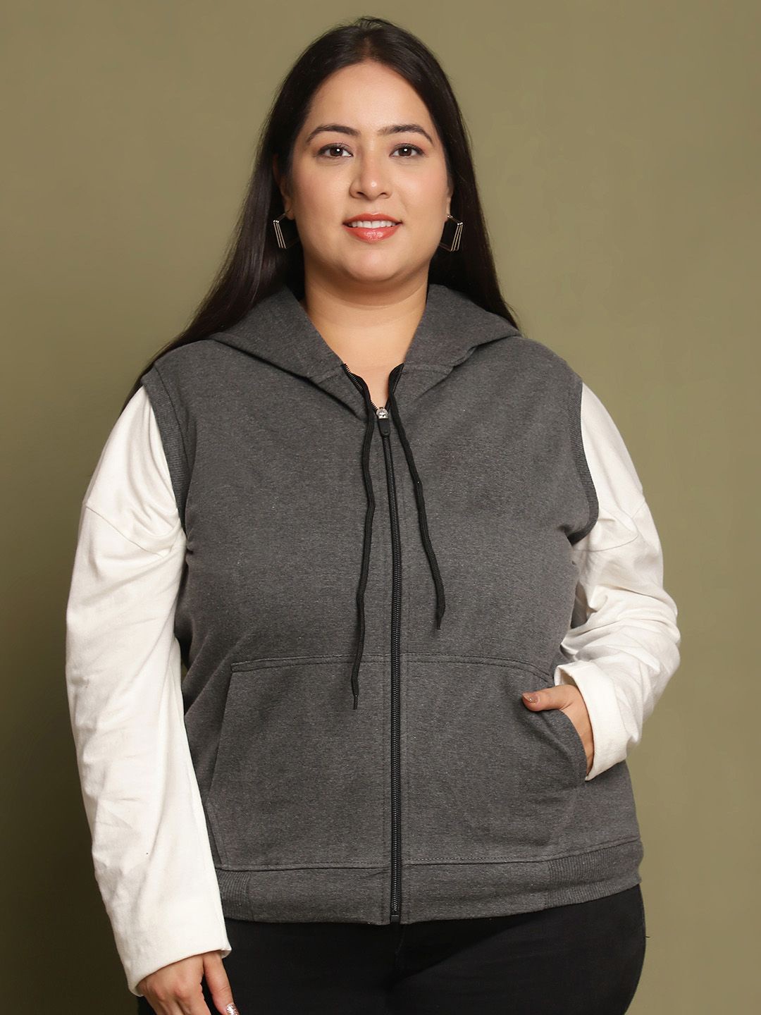 

UnaOne Women Sleeveless Hooded Cotton Sweatshirt, Grey melange