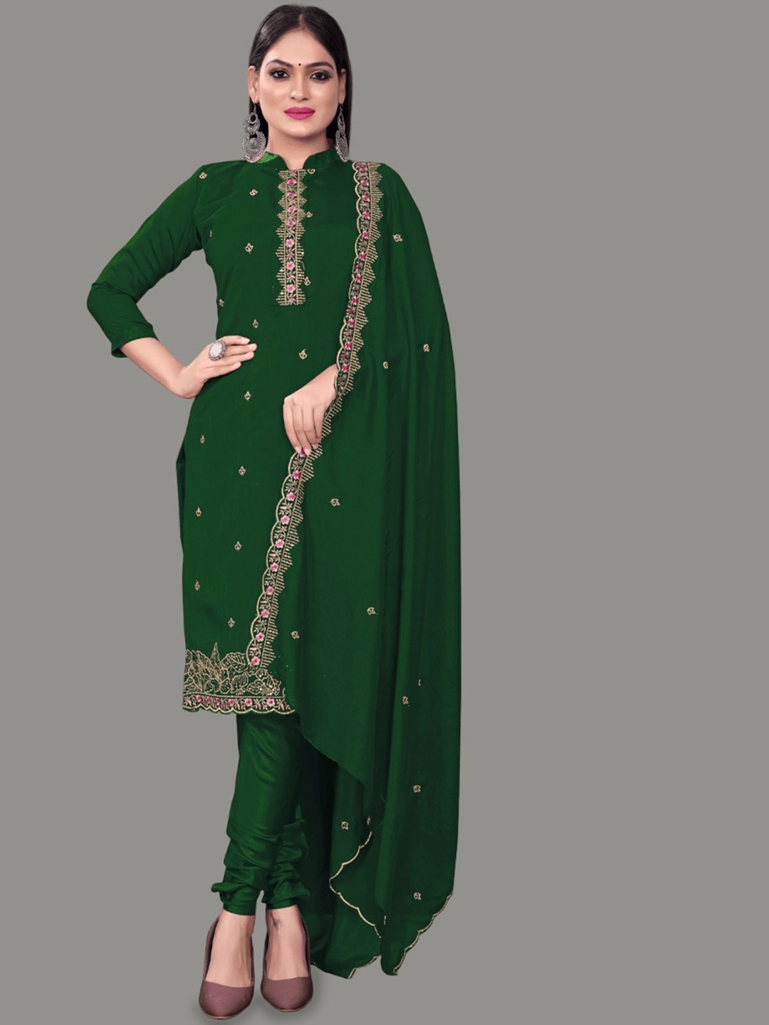 

APNISHA Floral Embroidered Pure Silk Unstitched Dress Material, Green