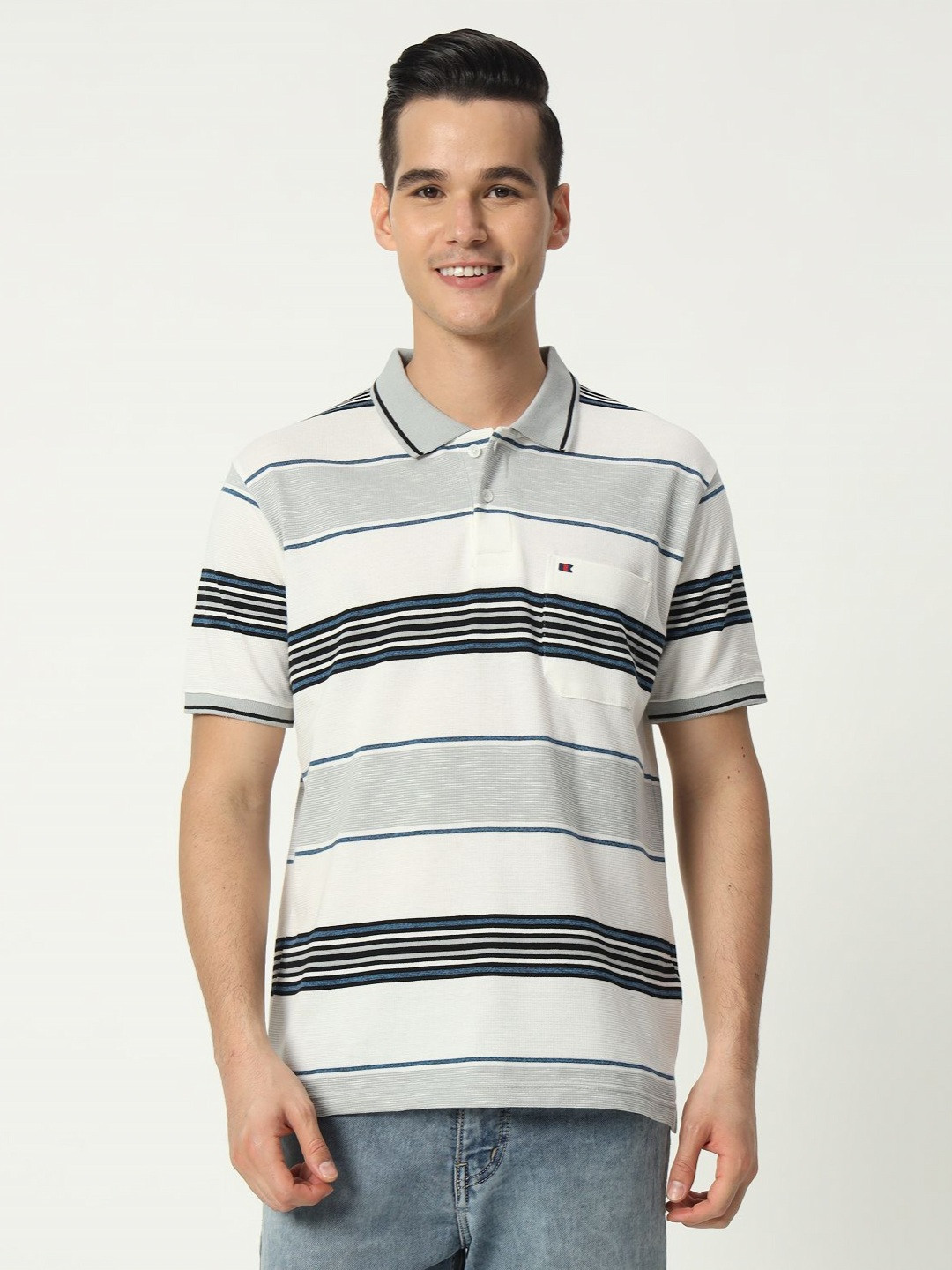 

TAB91 Men Striped Polo Collar Cotton T-shirt, Off white