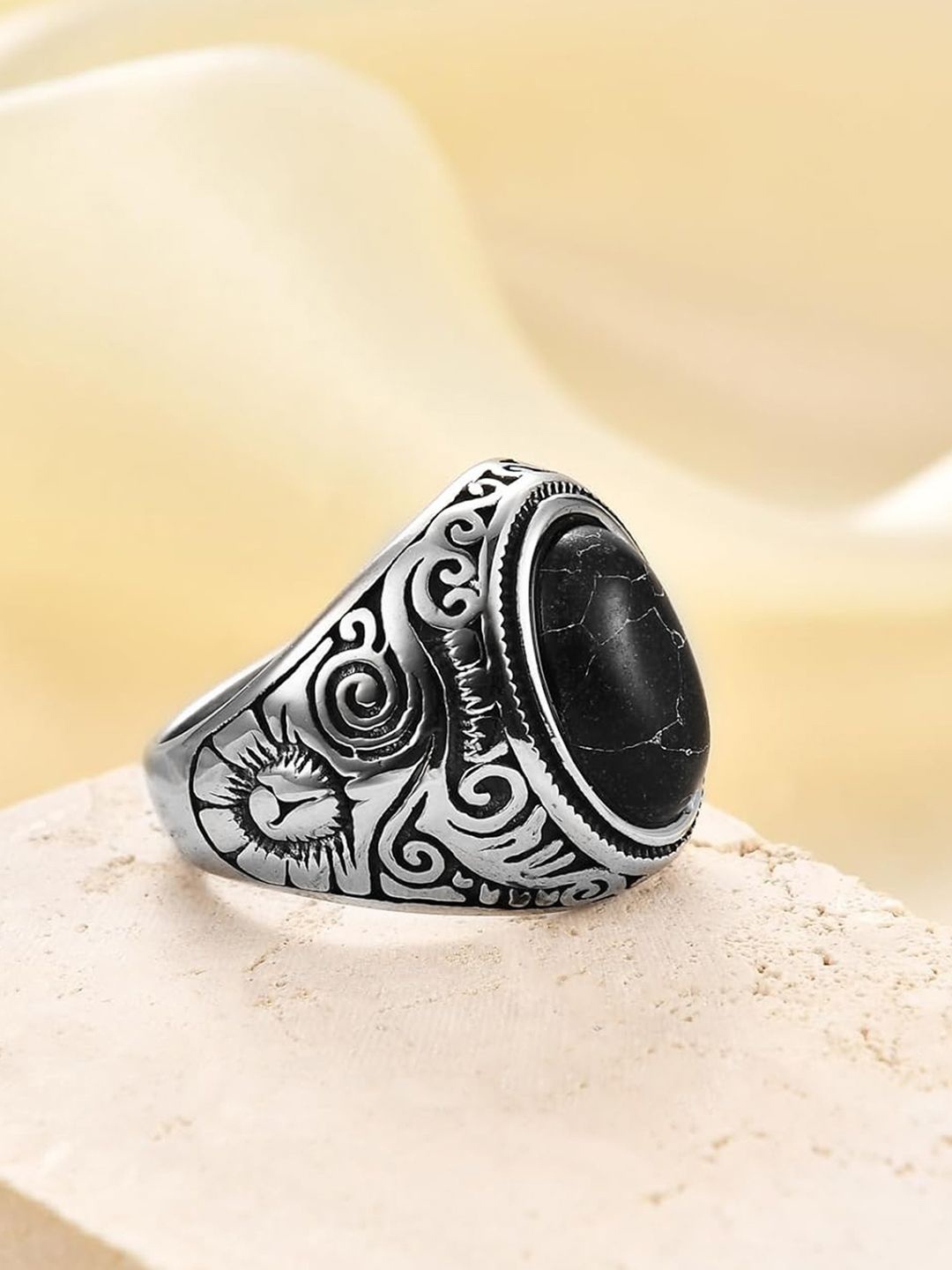 

Peora Men Sliver-Plated Stainless Steel Stone-Studded Finger Ring, Silver