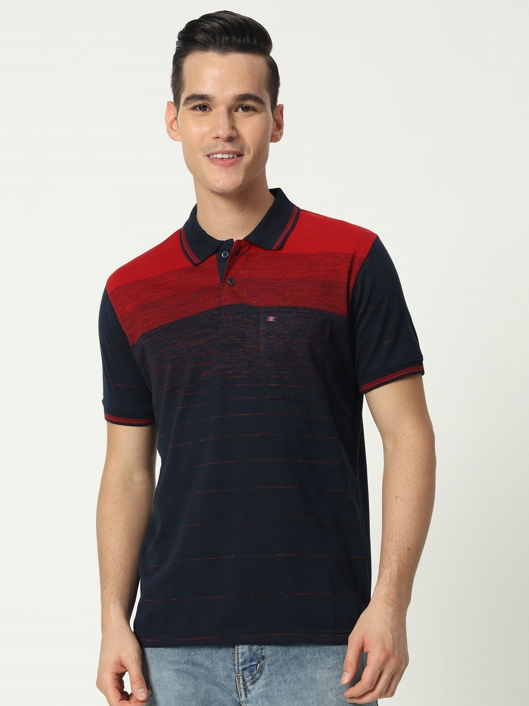 

TAB91 Men Colourblocked Polo Collar Cotton T-shirt, Navy blue