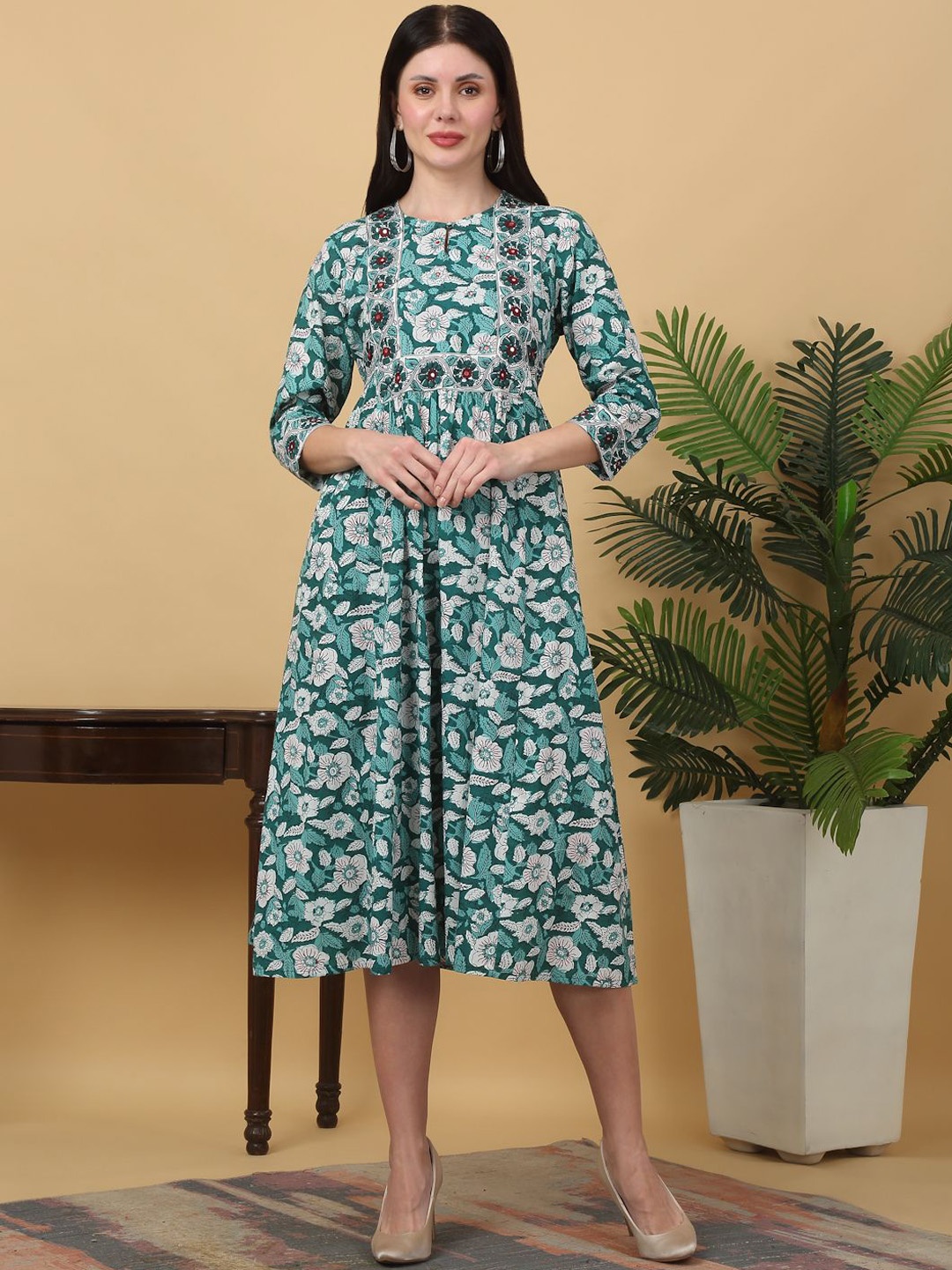 

KALINI Floral Printed Cotton A-Line Ethnic Dress, Green