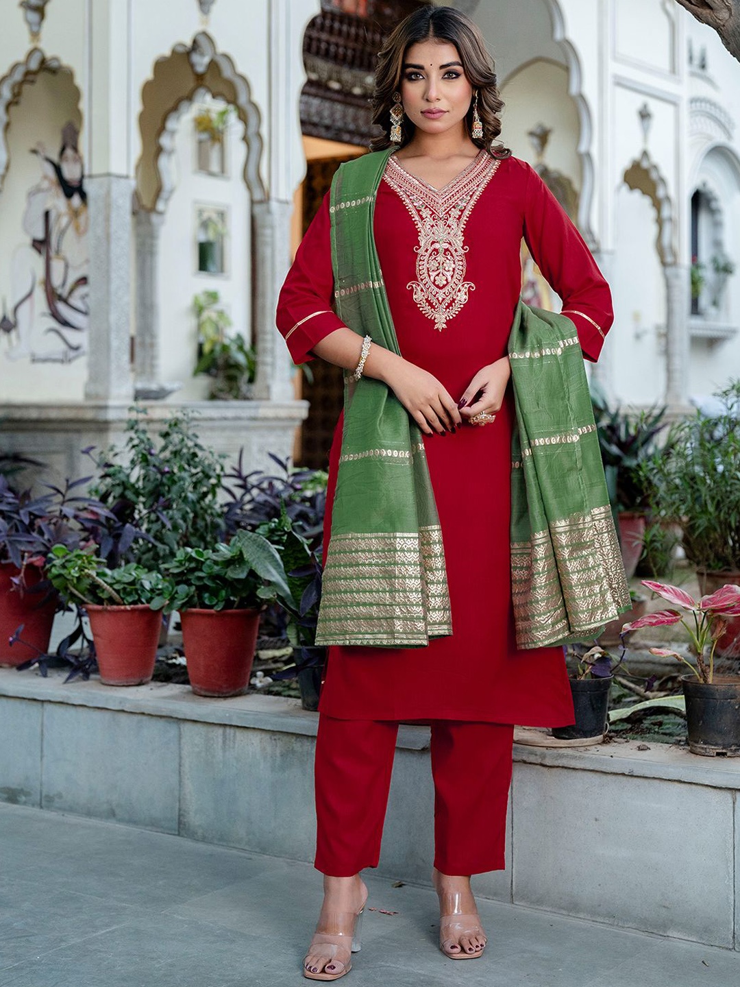 

KALINI Ethnic Motifs Embroidered Regular Sequinned Straight Kurta with Trousers & Dupatta, Red