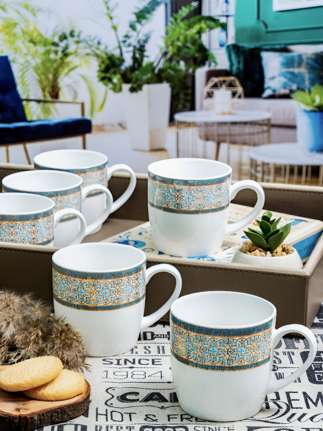 

SONAKI White & Blue 6 Pieces Printed Mugs 180ml