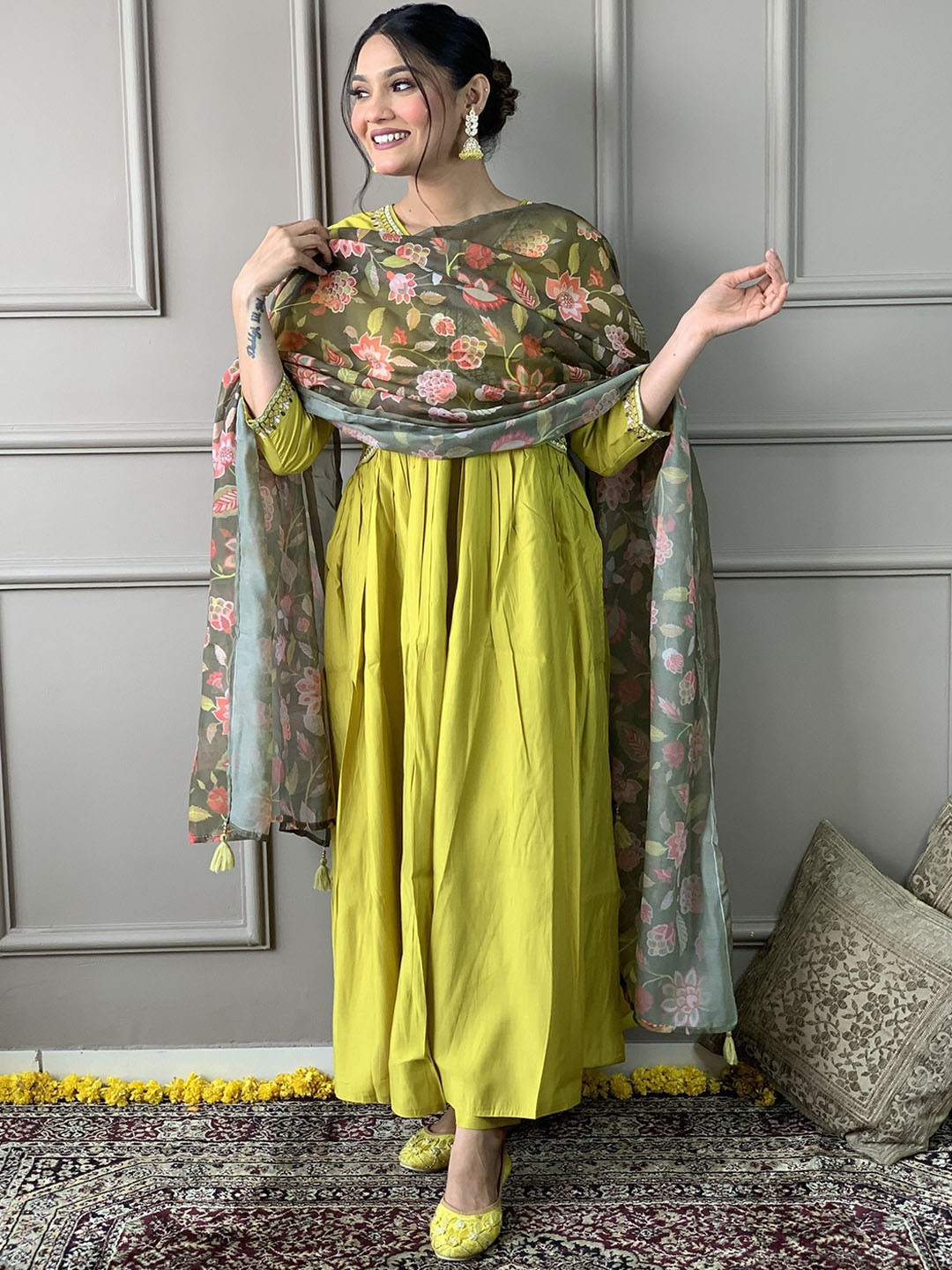 

HERE&NOW Floral Embroidered Chanderi Silk Straight Kurta with Pyjamas & Dupatta, Yellow