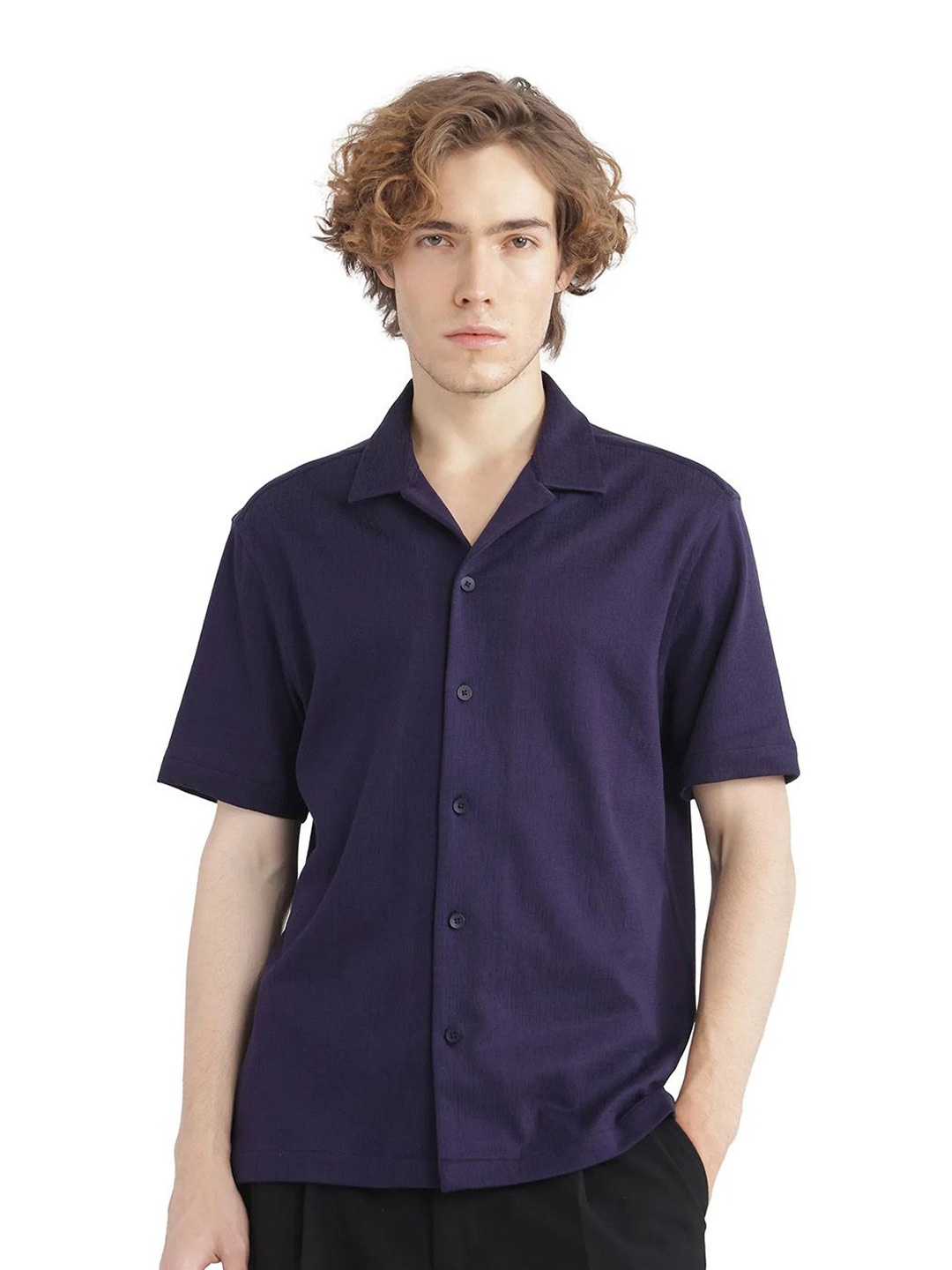 

RARE RABBIT Men Comfort Cuban Collar Solid Cotton Casual Shirt, Purple