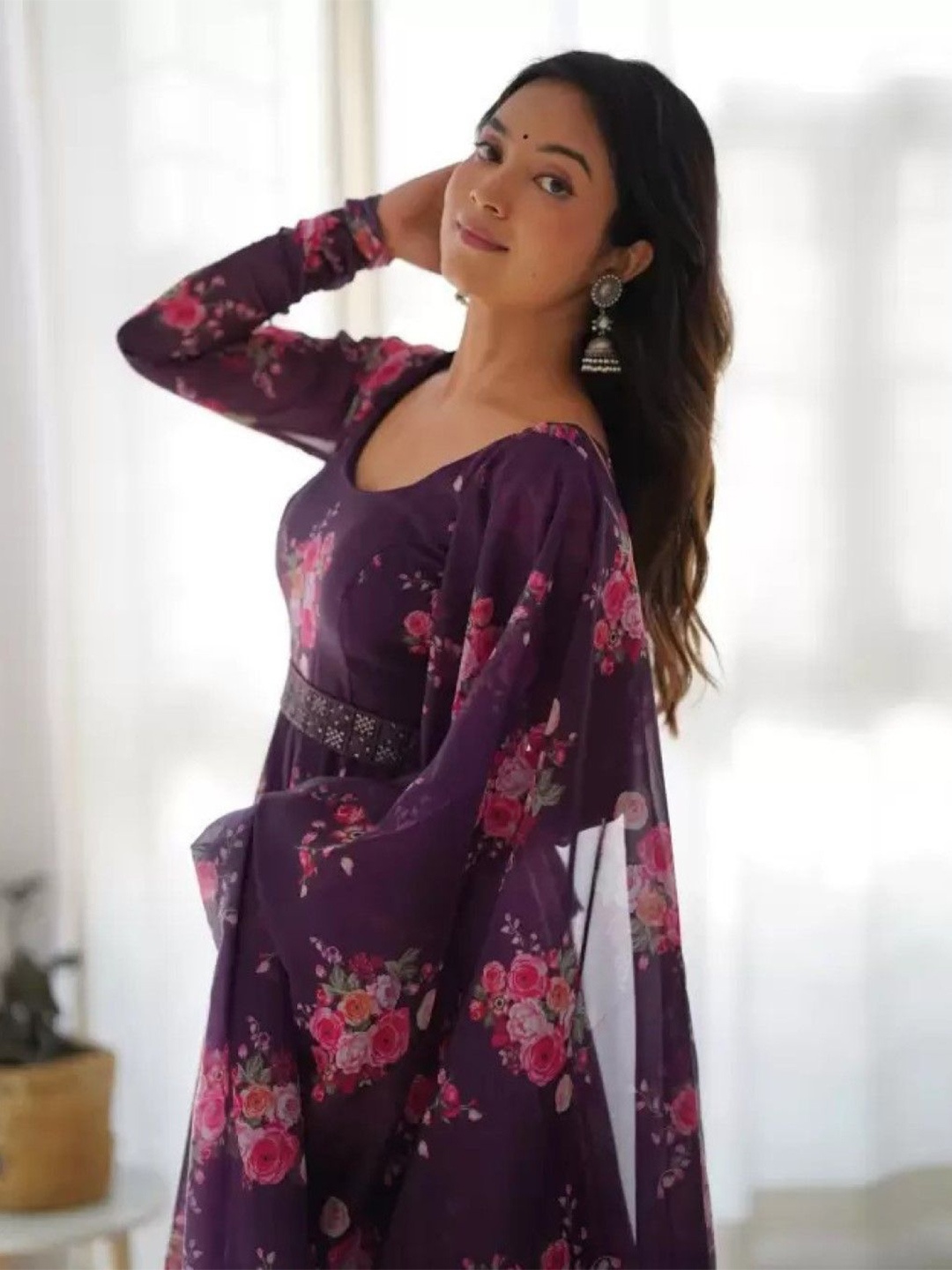 

Raiyani Enterprise Print Crepe Fit & Flare Round Neck Maxi Dress, Purple