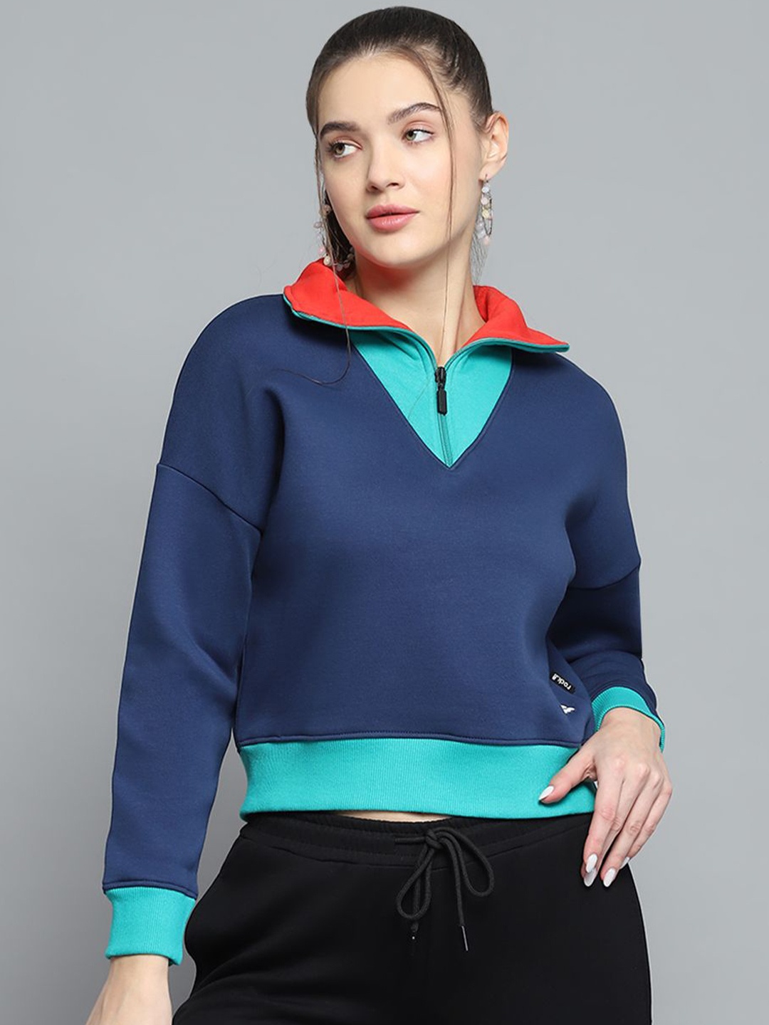 

rock.it Women Colourblocked Shirt Collar Pullover Crop Sweatshirt, Blue