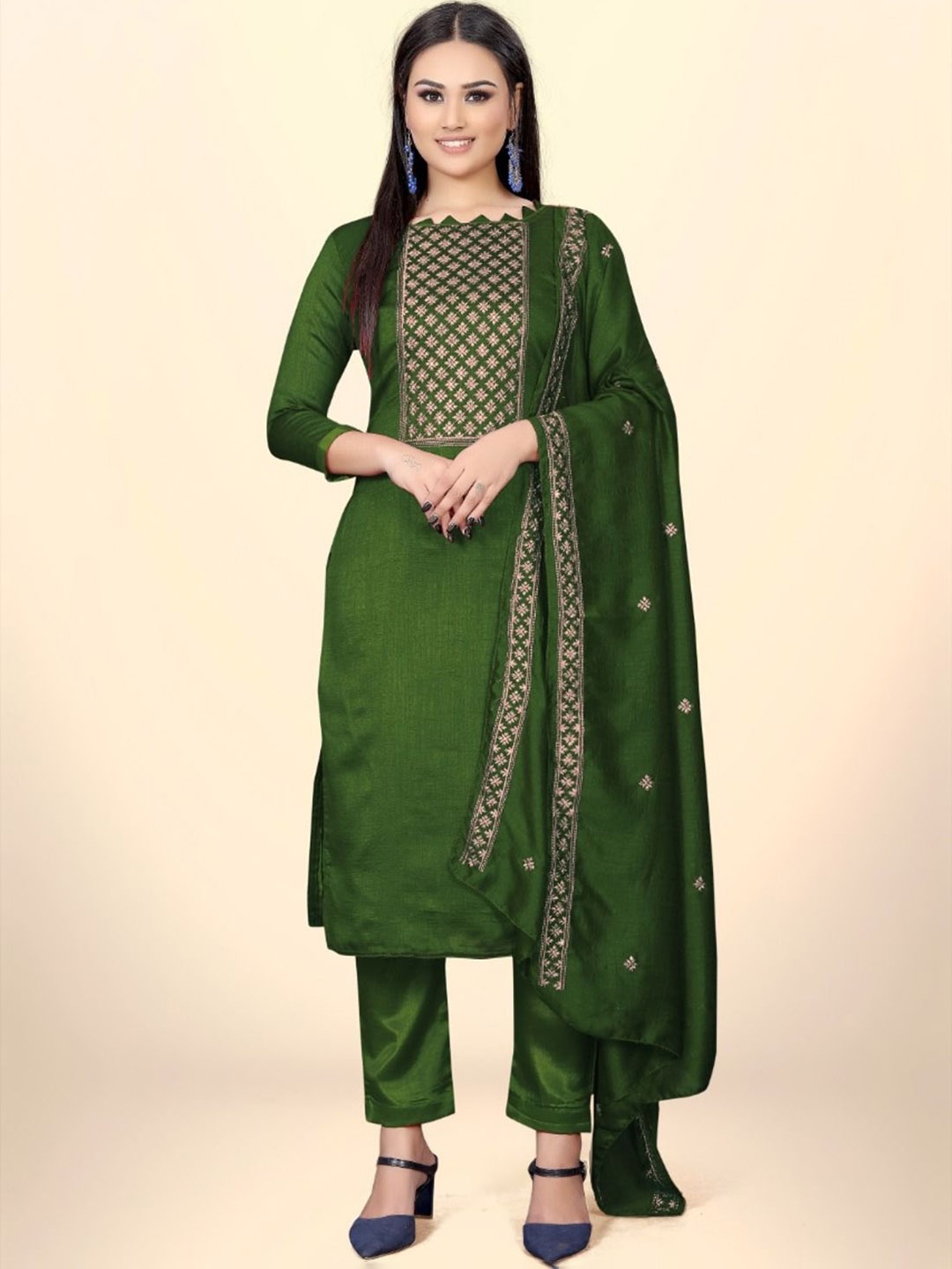 

JULEE Geometric Embroidered Pure Silk Unstitched Dress Material, Olive